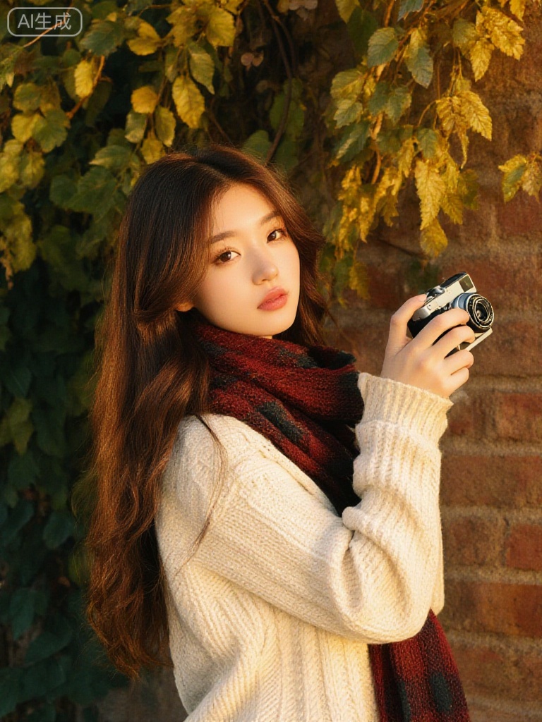 Fujifilm-style portrait: A young woman with long wavy chestnut hair, wearing a cream cable-knit sweater and a burgundy plaid scarf, holds a small vintage film camera, standing by a brick wall covered with yellow autumn ivy. Soft golden-hour sunlight filters through branches, casting dappled shadows on her face, fine film grain, muted retro tones, shallow depth of field, warm skin texture, analog photography vibe.