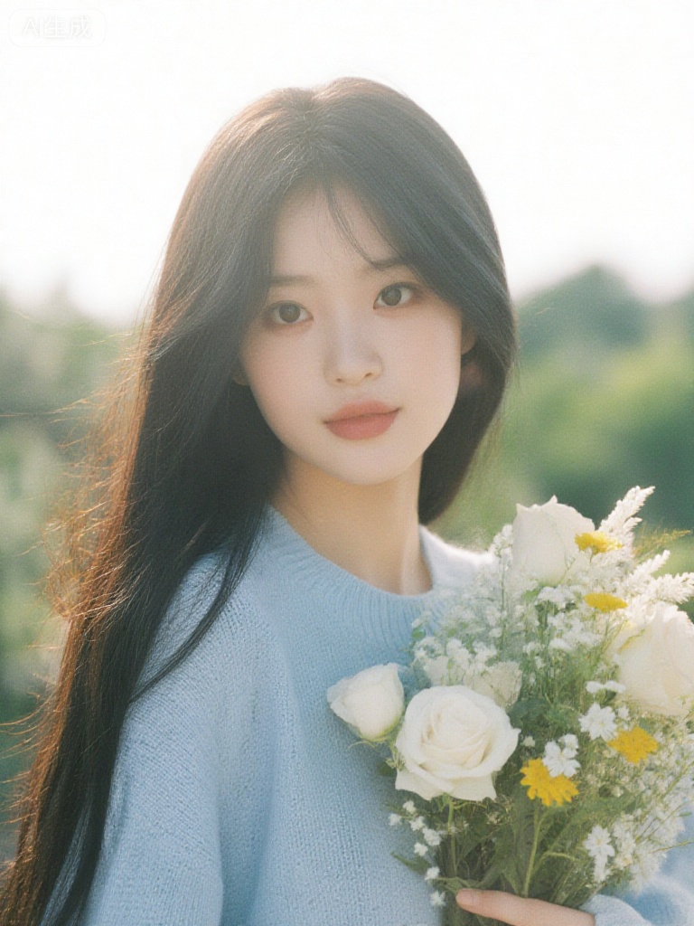 Fujifilm-style portrait: a young woman with long black hair, wearing a light blue sweater. She is holding a bouquet of flowers, which includes white roses and small white and yellow flowers. The background is blurred, featuring a mix of greenery and a bright, sunny sky, suggesting an outdoor setting,fine film grain,soft light