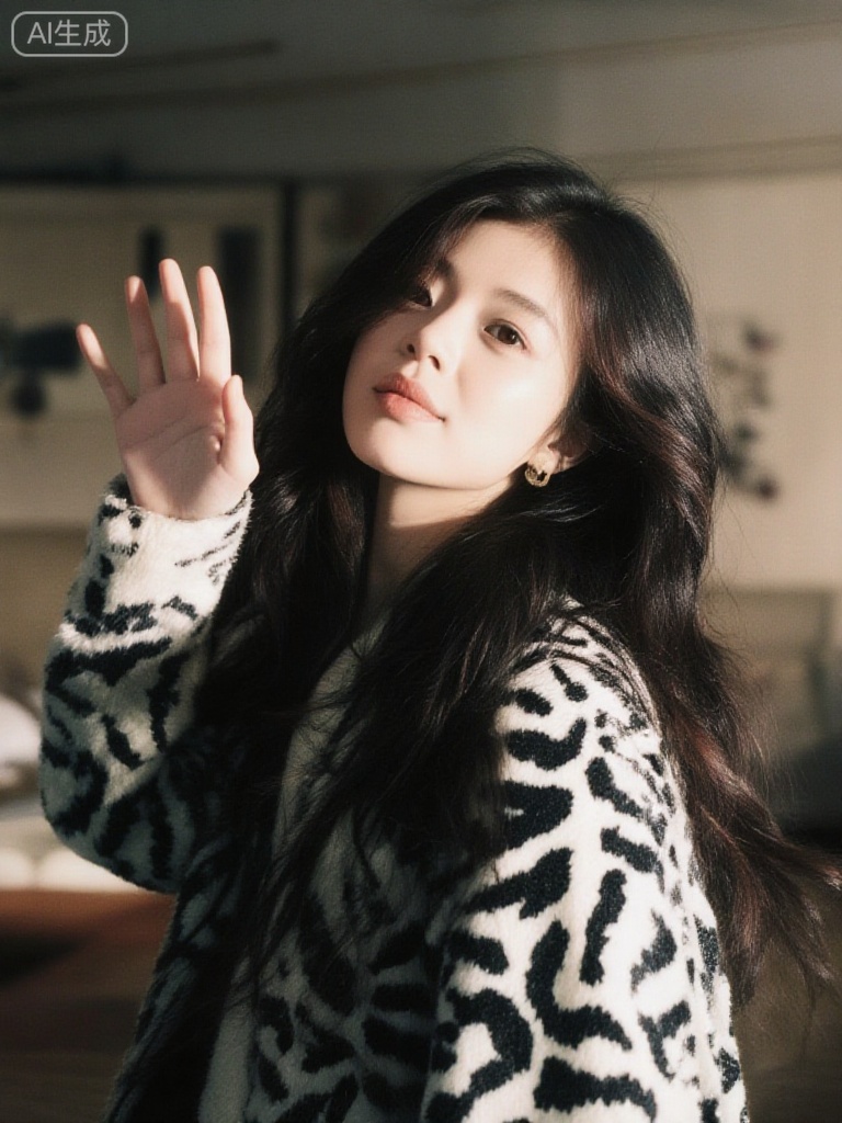 Fujifilm-style portrait: A young woman with long dark wavy hair,wearing a black and white patterned coat,waves at the camera,in a cozy indoor setting,fine film grain,soft light