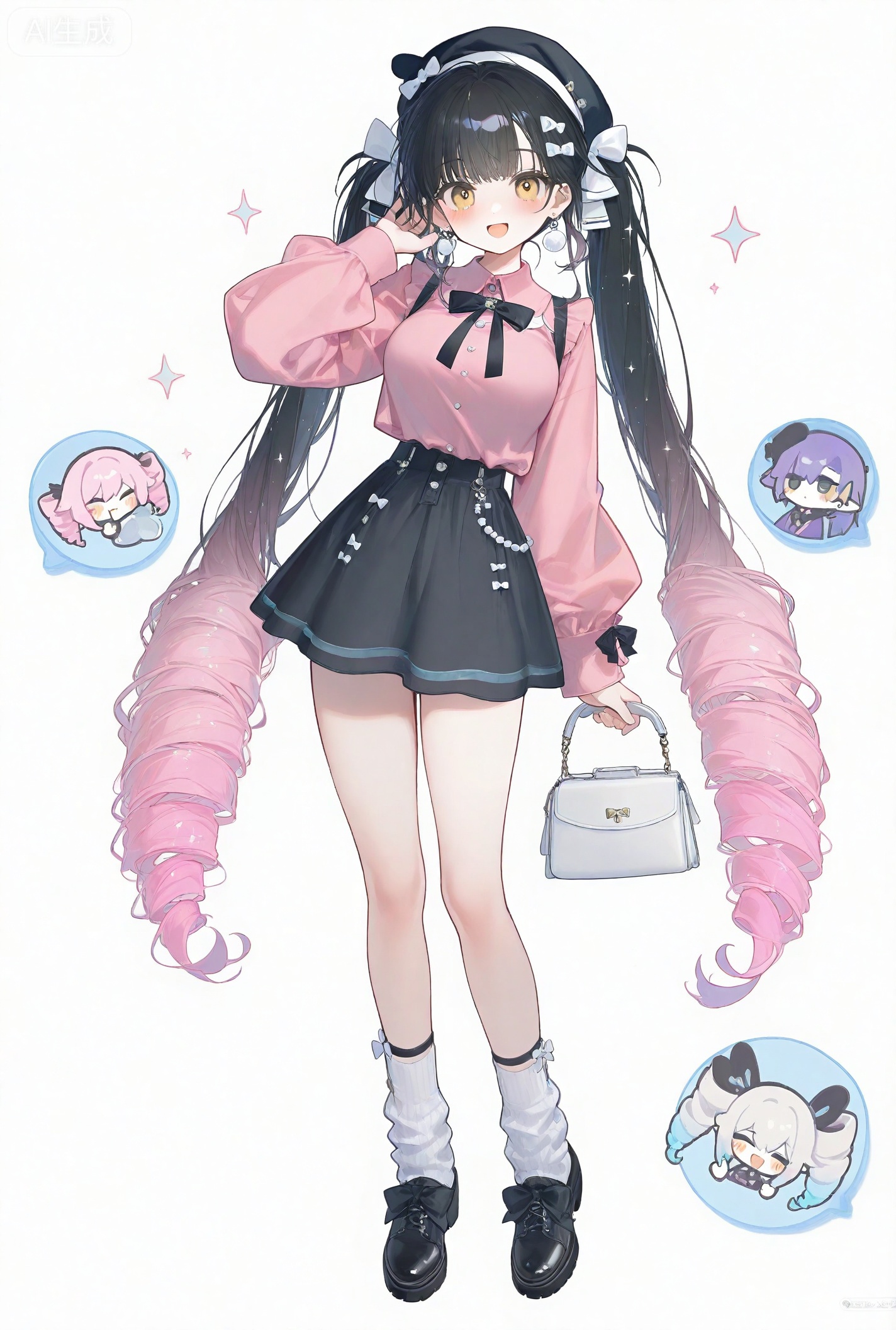 1girl, solo, long hair, breasts, looking at viewer, blush, smile, open mouth, bangs, skirt, shirt, black hair, long sleeves, hat, white background, bow, twintails, jewelry, very long hair, standing, full body, yellow eyes, pink hair, :d, multicolored hair, earrings, shoes, socks, hand up, black skirt, bag, black footwear, sparkle, black headwear, gradient hair, drill hair, white socks, twin drills, pink shirt