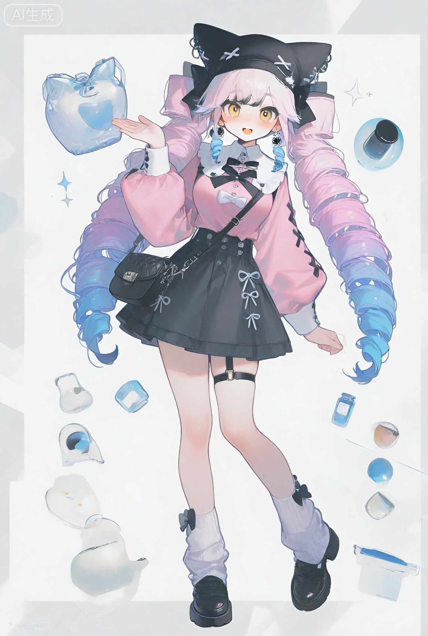 1girl, solo, long hair, breasts, looking at viewer, blush, smile, open mouth, bangs, skirt, shirt, black hair, long sleeves, hat, white background, bow, twintails, jewelry, very long hair, standing, full body, yellow eyes, pink hair, :d, multicolored hair, earrings, shoes, socks, hand up, black skirt, bag, black footwear, sparkle, black headwear, gradient hair, drill hair, white socks, twin drills, pink shirt