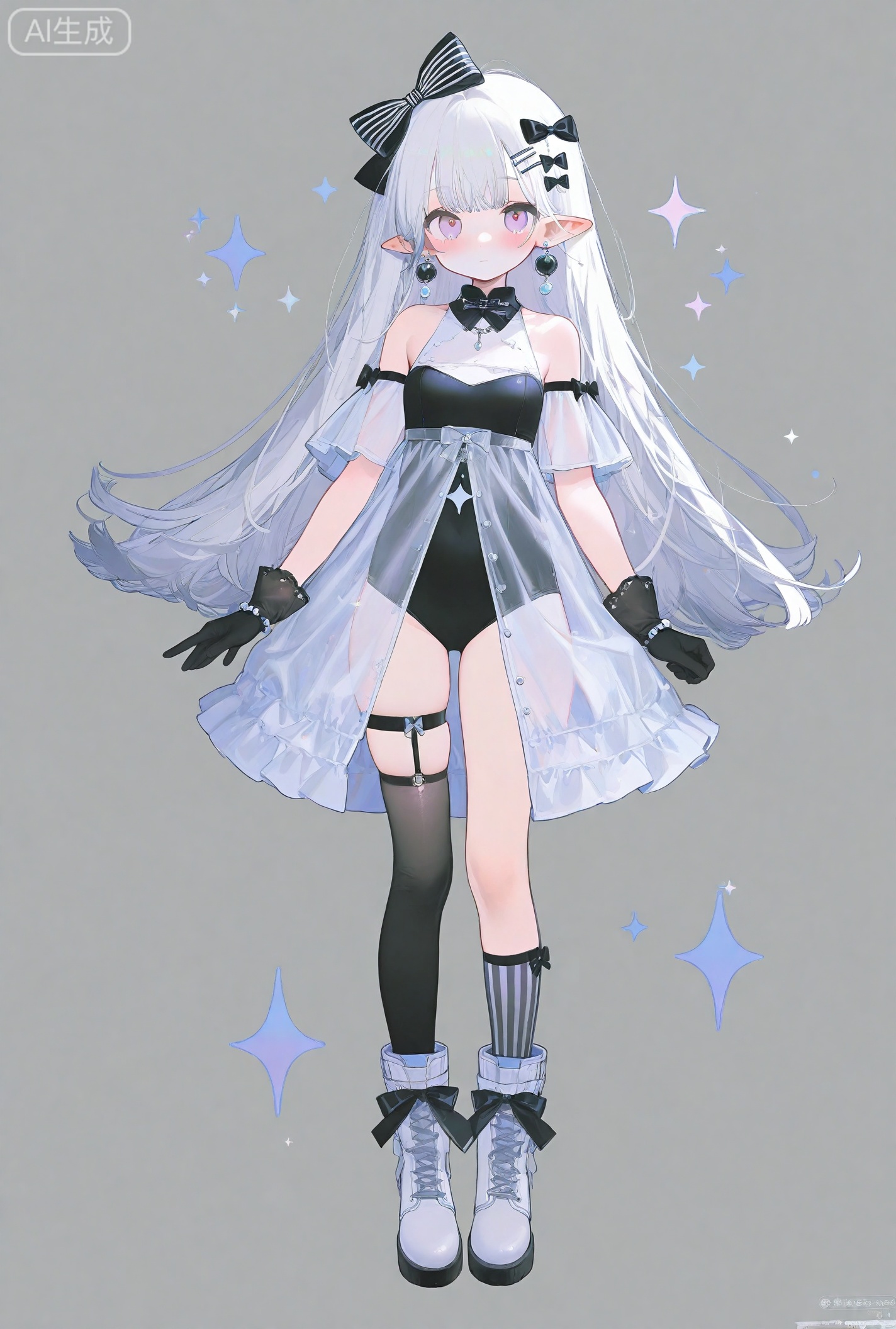 1girl, solo, long hair, blush, bangs, simple background, hair ornament, thighhighs, gloves, white background, dress, bow, ribbon, bare shoulders, jewelry, closed mouth, standing, purple eyes, full body, white hair, hair bow, earrings, boots, pointy ears, black gloves, socks, hairclip, striped, pink eyes, leotard, see-through, kneehighs, sparkle, black bow, single thighhigh, black leotard, asymmetrical legwear, striped bow, uneven legwear, single sock, single kneehigh