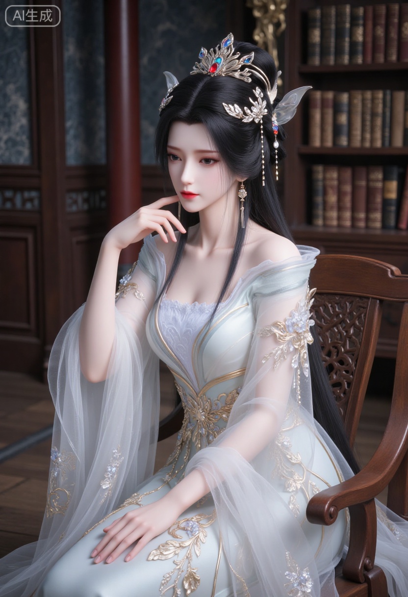 The picture is a high-resolution photograph featuring a young woman with an ethereal,otherworldly beauty. She is of East Asian descent,with porcelain skin and delicate features. Her long,jet-black hair is styled in a traditional updo adorned with intricate,ornate hair accessories,including a large hairpin featuring red and blue jewels. Her lips are painted a vibrant red,and her eyes are accentuated with dark eyeliner and subtle eyeshadow,giving her a captivating gaze.,She is dressed in a white,flowing silk gown with intricate gold embroidery depicting delicate floral patterns. The fabric has a slight sheen,reflecting the light softly,adding to the ethereal quality of her attire. The sleeves of her gown are long and flowing,with delicate lace detailing and embroidery,enhancing the elegance of her appearance.,She is seated on a wooden chair,leaning slightly forward,with one hand resting on the armrest and the other hand delicately touching her chin. The background features a wooden bookshelf filled with old,leather-bound books,adding to the sense of a scholarly,traditional setting. The room is dimly lit,with dark wood paneling and a dark,textured wallpaper,enhancing the vintage,almost antiquated feel of the scene.,