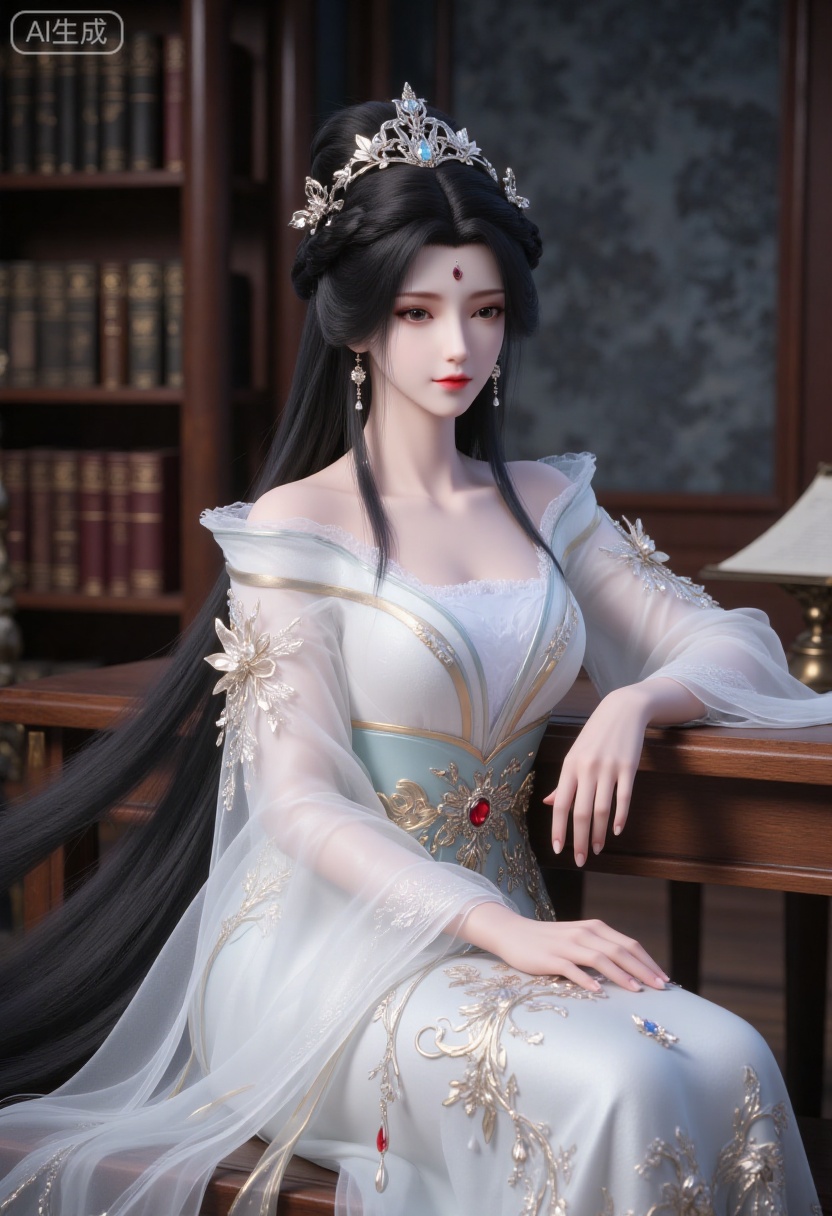 The picture is a high-resolution photograph featuring a young woman with an ethereal,otherworldly beauty. She is of East Asian descent,with porcelain skin and delicate features. Her long,jet-black hair is styled in a traditional updo adorned with intricate,ornate hair accessories,including a large hairpin featuring red and blue jewels. Her lips are painted a vibrant red,and her eyes are accentuated with dark eyeliner and subtle eyeshadow,giving her a captivating gaze.,She is dressed in a white,flowing silk gown with intricate gold embroidery depicting delicate floral patterns. The fabric has a slight sheen,reflecting the light softly,adding to the ethereal quality of her attire. The sleeves of her gown are long and flowing,with delicate lace detailing and embroidery,enhancing the elegance of her appearance.,She is seated on a wooden chair,leaning slightly forward,with one hand resting on the armrest and the other hand delicately touching her chin. The background features a wooden bookshelf filled with old,leather-bound books,adding to the sense of a scholarly,traditional setting. The room is dimly lit,with dark wood paneling and a dark,textured wallpaper,enhancing the vintage,almost antiquated feel of the scene.,