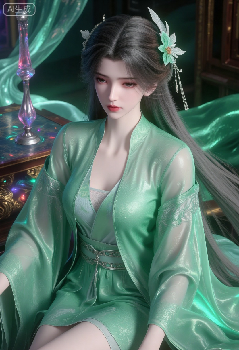 1girl,(Crystal Cubism:1.3),(Rococo:1.4),(vivid colors:1.3),(close portrait:1.3),jyojifuku,orihime, long sleeves, dress,kimono, hair ornament, shawl, thighhighs, frills,,supermodel,Alternate Reality, Stylish Fashion, Creative Art, Unique Aesthetic, Alternative Style,reflective light,reflection,sad,blush,glowing,energy,wearing see-through Emerald green ball gown,microskirt,