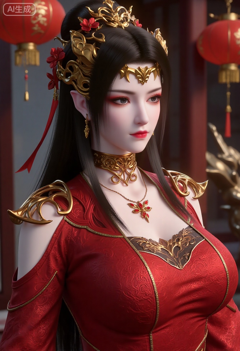 A girl is wearing gorgeous traditional costumes,  mainly red,  dChinese traditional embroidery pattern on Tensor.Art