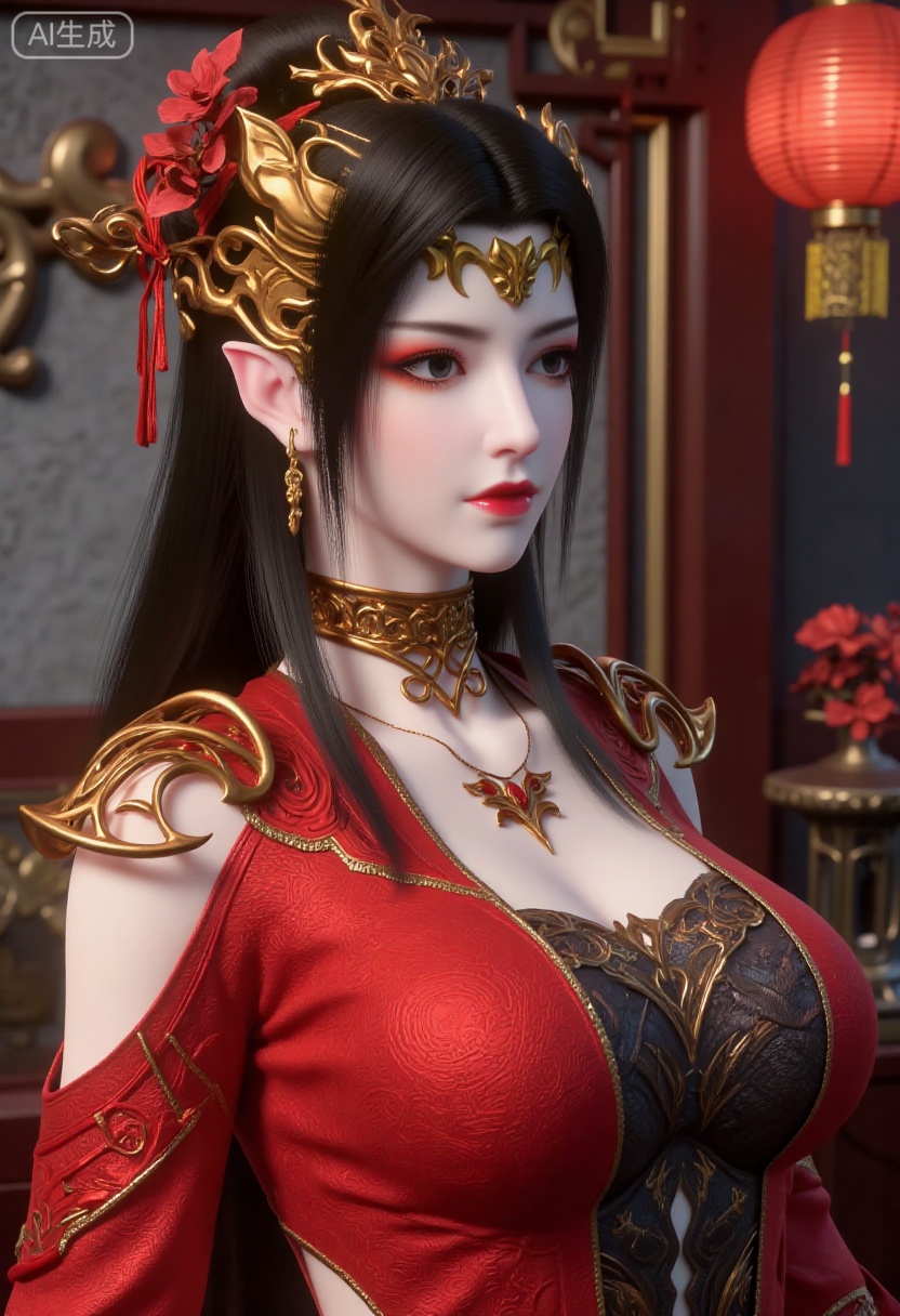 A girl is wearing gorgeous traditional costumes,  mainly red,  dChinese traditional embroidery pattern on Tensor.Art