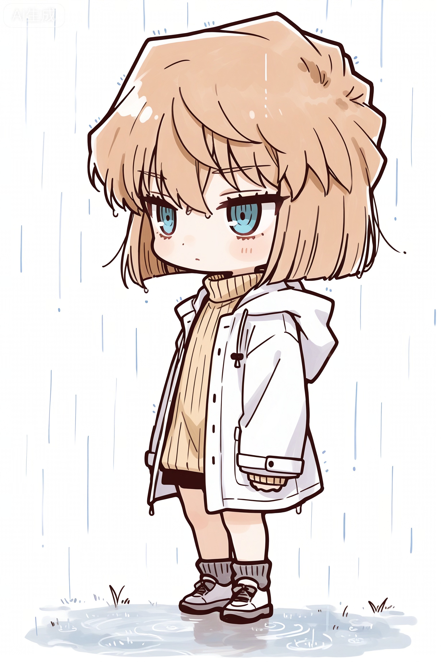 White background, warm colors 
Sketch, line drawing, monochrome, full body, grayscale,
‌Haibara Ai
／／
1 girl, solo, short hair, bangs, blue eyes, blonde hair, brown hair, hair between eyes, closed mouth, jacket, full body, open clothes, hood, from the side, sweater, coat, hood, rain, hooded jacket,
／Masterpiece, amazing quality, best quality, ultra-detailed, 8K, illustration, CG, ultra-detailed eyes, detailed background, cute girl, eyelashes, movie composition, ultra-detailed, high-quality, realistic, extremely detailed CG unity, masterpiece, high quality, best quality, 8k resolution,chibi