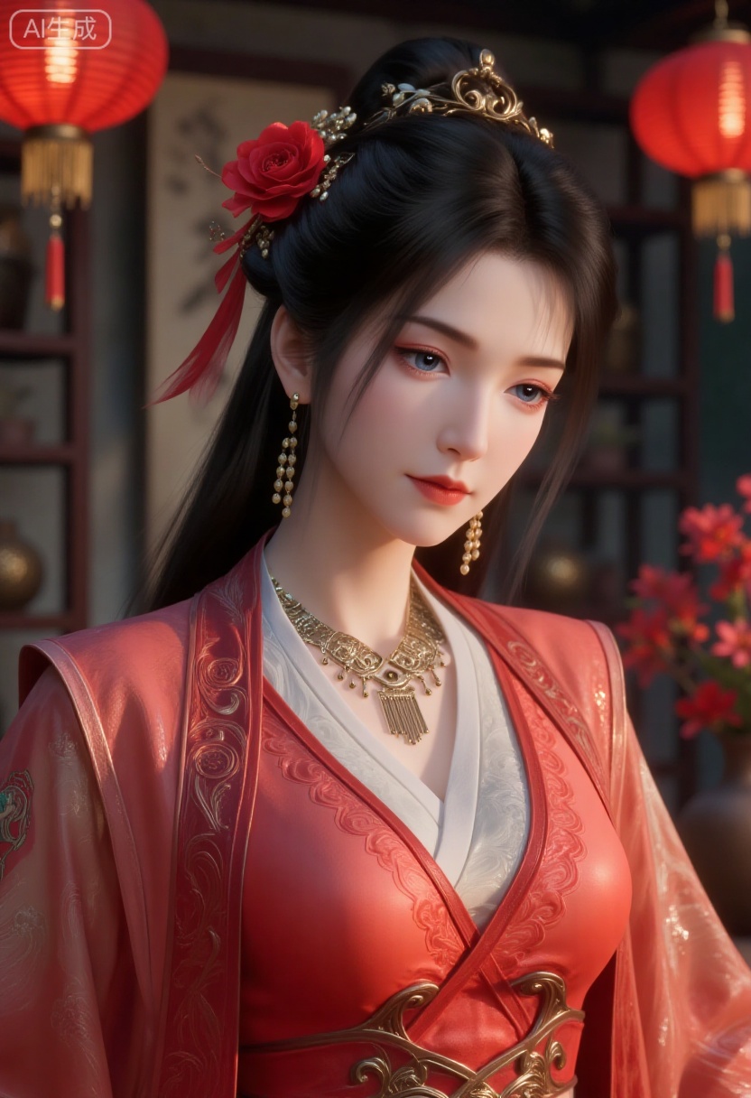 A girl is wearing gorgeous traditional costumes,mainly red,dChinese traditional embroidery pattern,which looks very festive and gorgeous. Her hairstyle is a traditional bun,decorated with golden hair accessories and red ribbons,as well as some red flowers.,
The background is blurred,and red lanterns and golden ornaments are placed around,(huge breasts:2.99),(full breasts:2.99),Chinese traditional Spring Festival theme,couplets,Chinese knots,Spring Festival decorations,