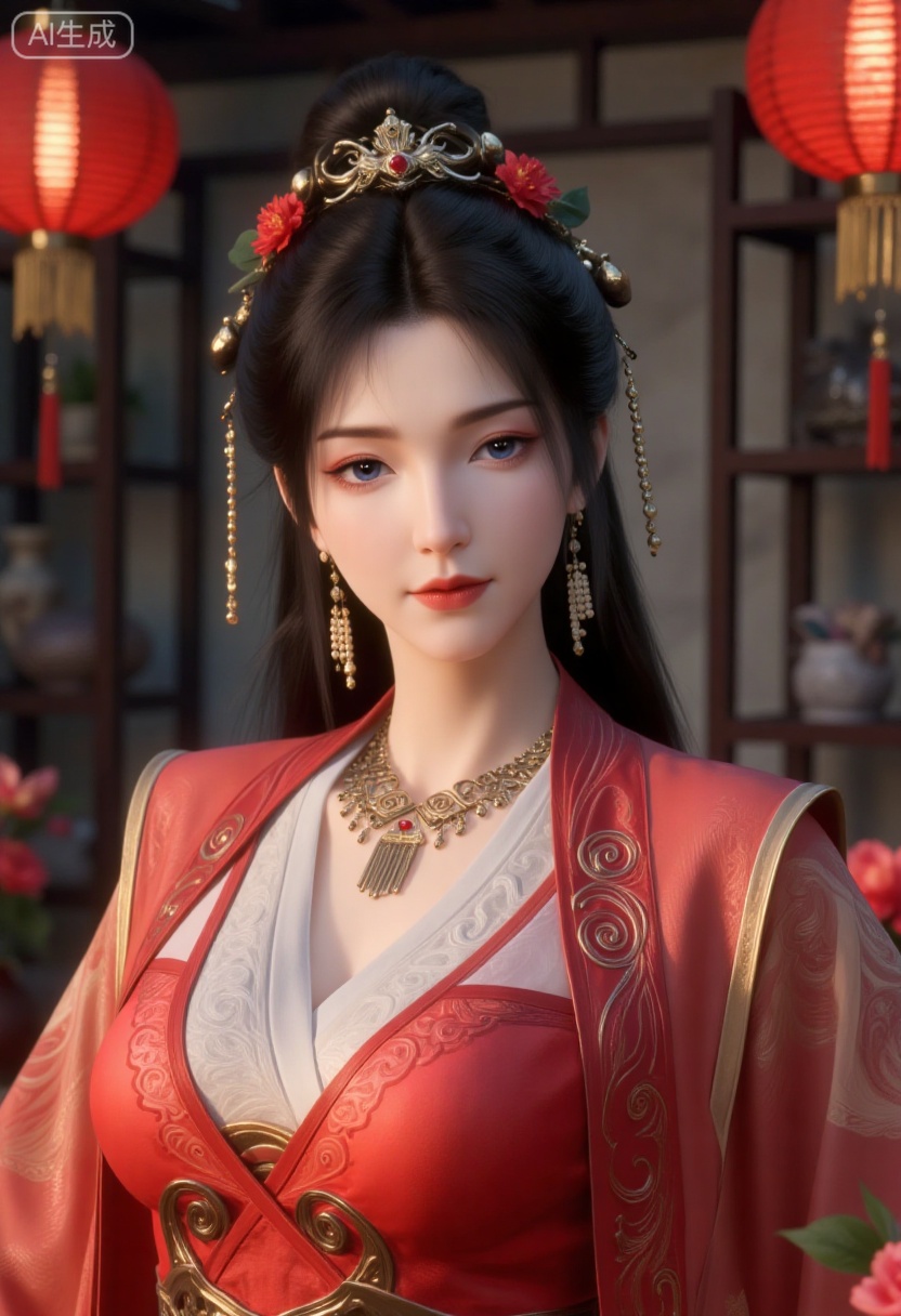 A girl is wearing gorgeous traditional costumes,mainly red,dChinese traditional embroidery pattern,which looks very festive and gorgeous. Her hairstyle is a traditional bun,decorated with golden hair accessories and red ribbons,as well as some red flowers.,
The background is blurred,and red lanterns and golden ornaments are placed around,(huge breasts:2.99),(full breasts:2.99),Chinese traditional Spring Festival theme,couplets,Chinese knots,Spring Festival decorations,