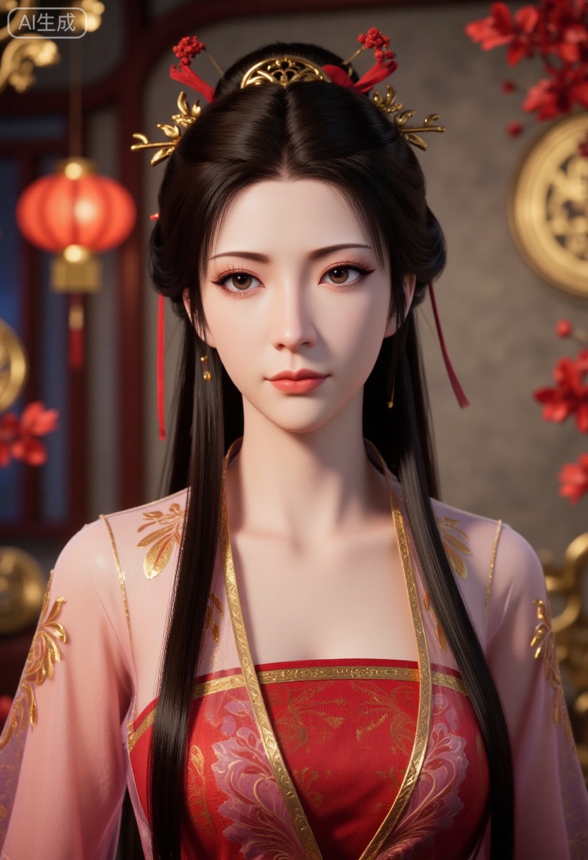A girl is wearing gorgeous traditional costumes,mainly red,dChinese traditional embroidery pattern,which looks very festive and gorgeous. Her hairstyle is a traditional bun,decorated with golden hair accessories and red ribbons,as well as some red flowers.,
The background is blurred,and red lanterns and golden ornaments are placed around,(huge breasts:2.99),(full breasts:2.99),Chinese traditional Spring Festival theme,couplets,Chinese knots,Spring Festival decorations,