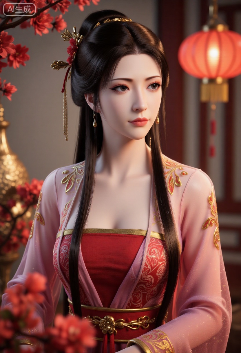 A girl is wearing gorgeous traditional costumes,mainly red,dChinese traditional embroidery pattern,which looks very festive and gorgeous. Her hairstyle is a traditional bun,decorated with golden hair accessories and red ribbons,as well as some red flowers.,
The background is blurred,and red lanterns and golden ornaments are placed around,(huge breasts:2.99),(full breasts:2.99),Chinese traditional Spring Festival theme,couplets,Chinese knots,Spring Festival decorations,