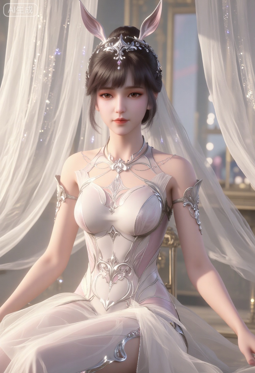 1girl,This is a high-resolution photograph featuring a young East Asian woman seated in a softly lit room. She has a fair complexion and a slender physique with a small frame. Her dark,straight hair is styled in an elegant updo,with a delicate veil flowing down her back. (huge breasts:2.69),(full breasts:2.69),She wears a strapless wedding gown adorned with intricate,white,sheer butterfly appliques that cover her chest,creating a romantic and ethereal effect. The dress is fitted at the bodice,accentuating her megalateo,and flows into a voluminous,tulle skirt. Her expression is serene and slightly smiling,with a subtle,natural makeup highlighting her delicate features. The background features an array of similar,sheer fabrics with glittery accents,adding to the dreamy ambiance. The overall color palette is soft and neutral,with a focus on whites and light pastels,creating a serene and ethereal atmosphere. The setting appears to be a bridal salon,possibly during a fitting session.