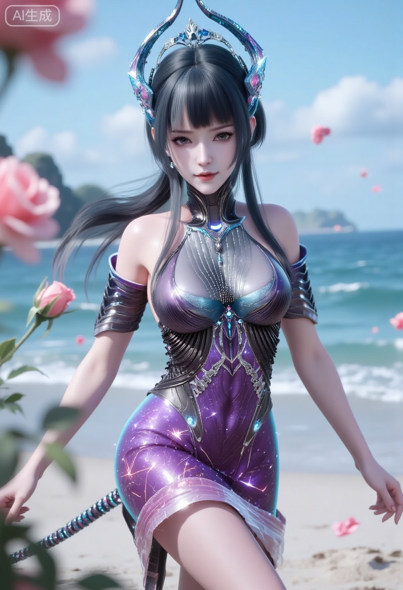 1girl,solo,standing,looking at viewer,(cowboy_shot:1.3),black hair,long hair,high heels,blurry background,depth of field,motion blur,short dress,china_dress,chinese_style,bare shouders,crystal_earrings,headpiece,hair_tie,chest_jewel,gem,necklace,jewelry,in summer,day,outdoors,nature,sea,(rose,beach:1.4),(huge breasts:2.99),(full breasts:1.99)