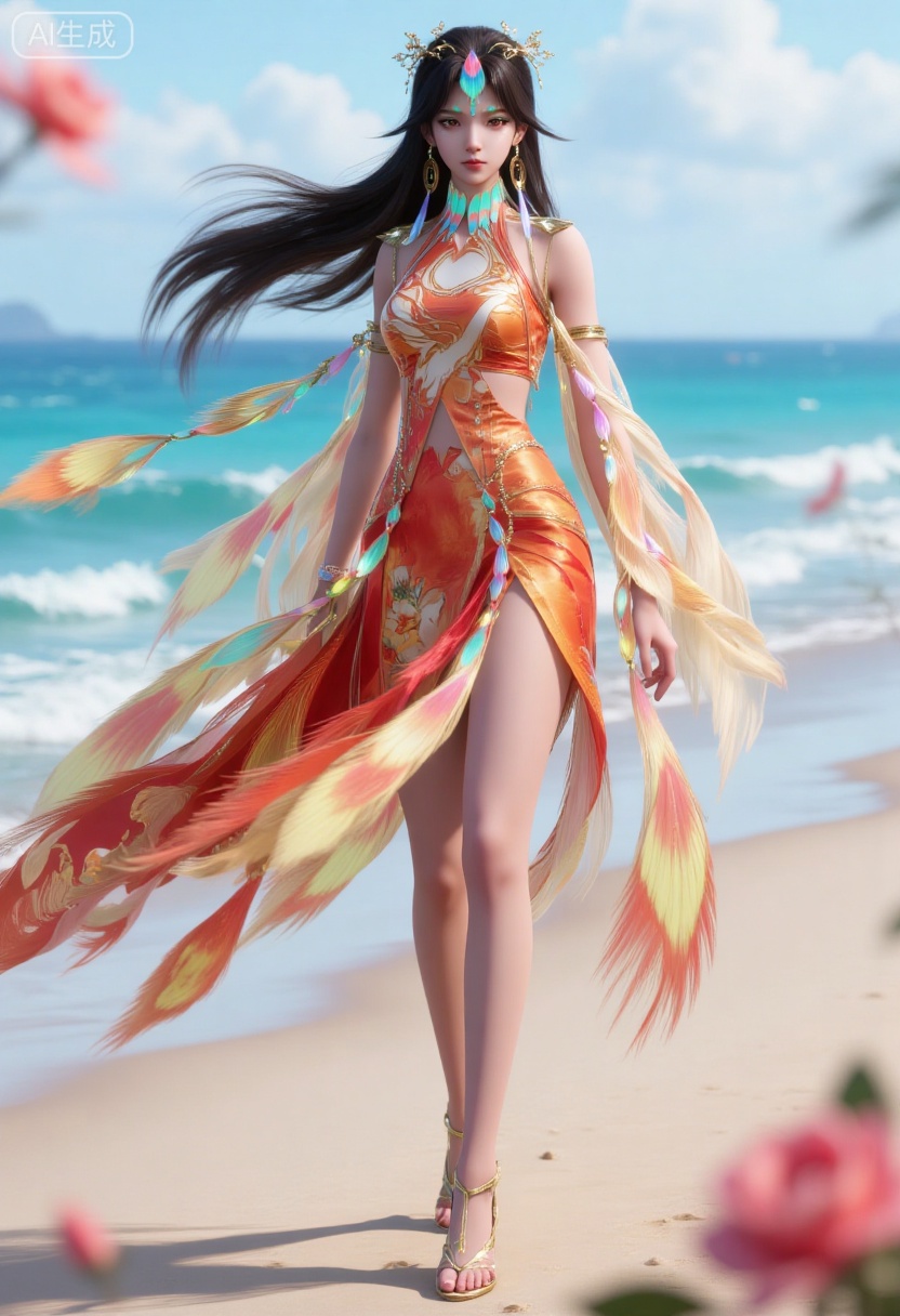 1girl,solo,standing,looking at viewer,(cowboy_shot:1.3),black hair,long hair,high heels,blurry background,depth of field,motion blur,short dress,china_dress,chinese_style,bare shouders,crystal_earrings,headpiece,hair_tie,chest_jewel,gem,necklace,jewelry,in summer,day,outdoors,nature,sea,(rose,beach:1.4),(huge breasts:2.99),(full breasts:1.99)