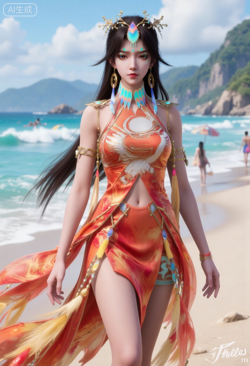 1girl,solo,standing,looking at viewer,(cowboy_shot:1.3),black hair,long hair,high heels,blurry background,depth of field,motion blur,short dress,china_dress,chinese_style,bare shouders,crystal_earrings,headpiece,hair_tie,chest_jewel,gem,necklace,jewelry,in summer,day,outdoors,nature,sea,(rose,beach:1.4),(huge breasts:2.99),(full breasts:1.99)