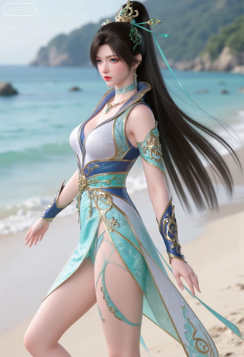1girl,solo,standing,looking at viewer,(cowboy_shot:1.3),black hair,long hair,high heels,blurry background,depth of field,motion blur,short dress,china_dress,chinese_style,bare shouders,crystal_earrings,headpiece,hair_tie,chest_jewel,gem,necklace,jewelry,in summer,day,outdoors,nature,sea,(rose,beach:1.4),(huge breasts:2.99),(full breasts:1.99)