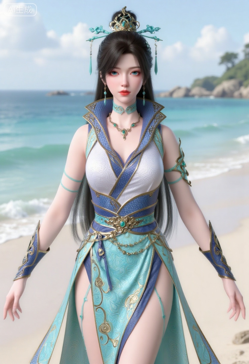 1girl,solo,standing,looking at viewer,(cowboy_shot:1.3),black hair,long hair,high heels,blurry background,depth of field,motion blur,short dress,china_dress,chinese_style,bare shouders,crystal_earrings,headpiece,hair_tie,chest_jewel,gem,necklace,jewelry,in summer,day,outdoors,nature,sea,(rose,beach:1.4),(huge breasts:2.99),(full breasts:1.99)