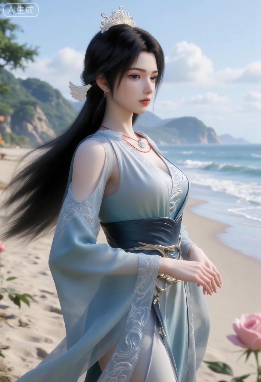 1girl,solo,standing,looking at viewer,(cowboy_shot:1.3),black hair,long hair,high heels,blurry background,depth of field,motion blur,short dress,china_dress,chinese_style,bare shouders,crystal_earrings,headpiece,hair_tie,chest_jewel,gem,necklace,jewelry,in summer,day,outdoors,nature,sea,(rose,beach:1.4),(huge breasts:2.99),(full breasts:1.99)