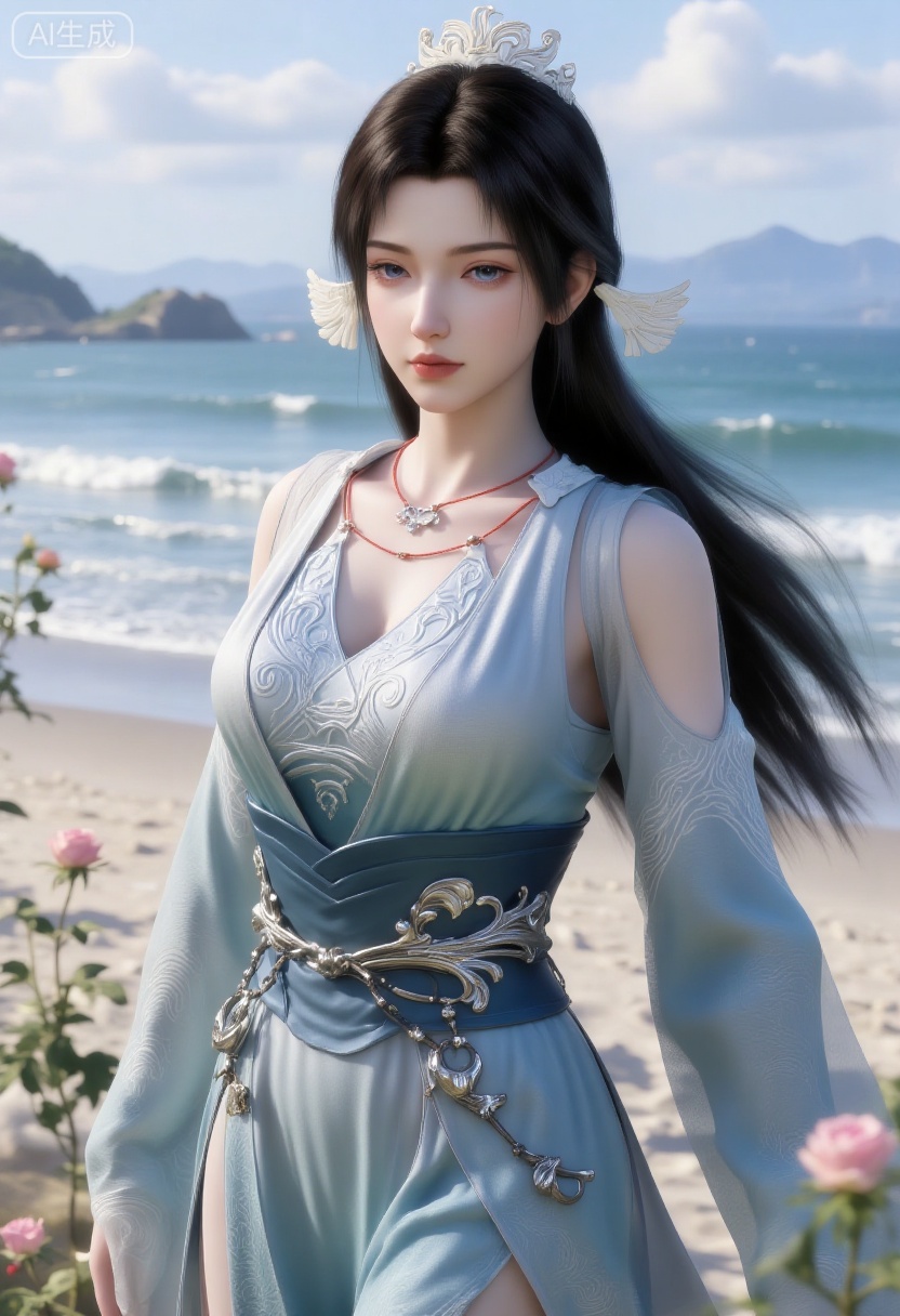 1girl,solo,standing,looking at viewer,(cowboy_shot:1.3),black hair,long hair,high heels,blurry background,depth of field,motion blur,short dress,china_dress,chinese_style,bare shouders,crystal_earrings,headpiece,hair_tie,chest_jewel,gem,necklace,jewelry,in summer,day,outdoors,nature,sea,(rose,beach:1.4),(huge breasts:2.99),(full breasts:1.99)