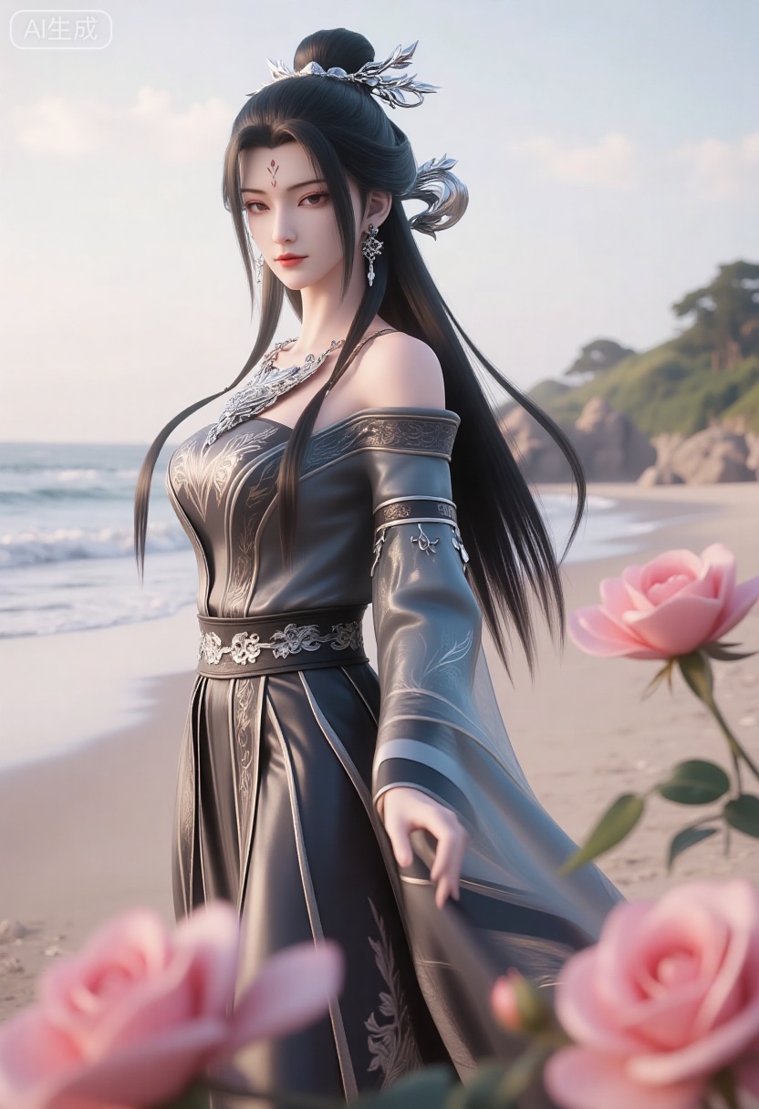 1girl,solo,standing,looking at viewer,(cowboy_shot:1.3),black hair,long hair,high heels,blurry background,depth of field,motion blur,short dress,china_dress,chinese_style,bare shouders,crystal_earrings,headpiece,hair_tie,chest_jewel,gem,necklace,jewelry,in summer,day,outdoors,nature,sea,(rose,beach:1.4),(huge breasts:2.99),(full breasts:1.99)