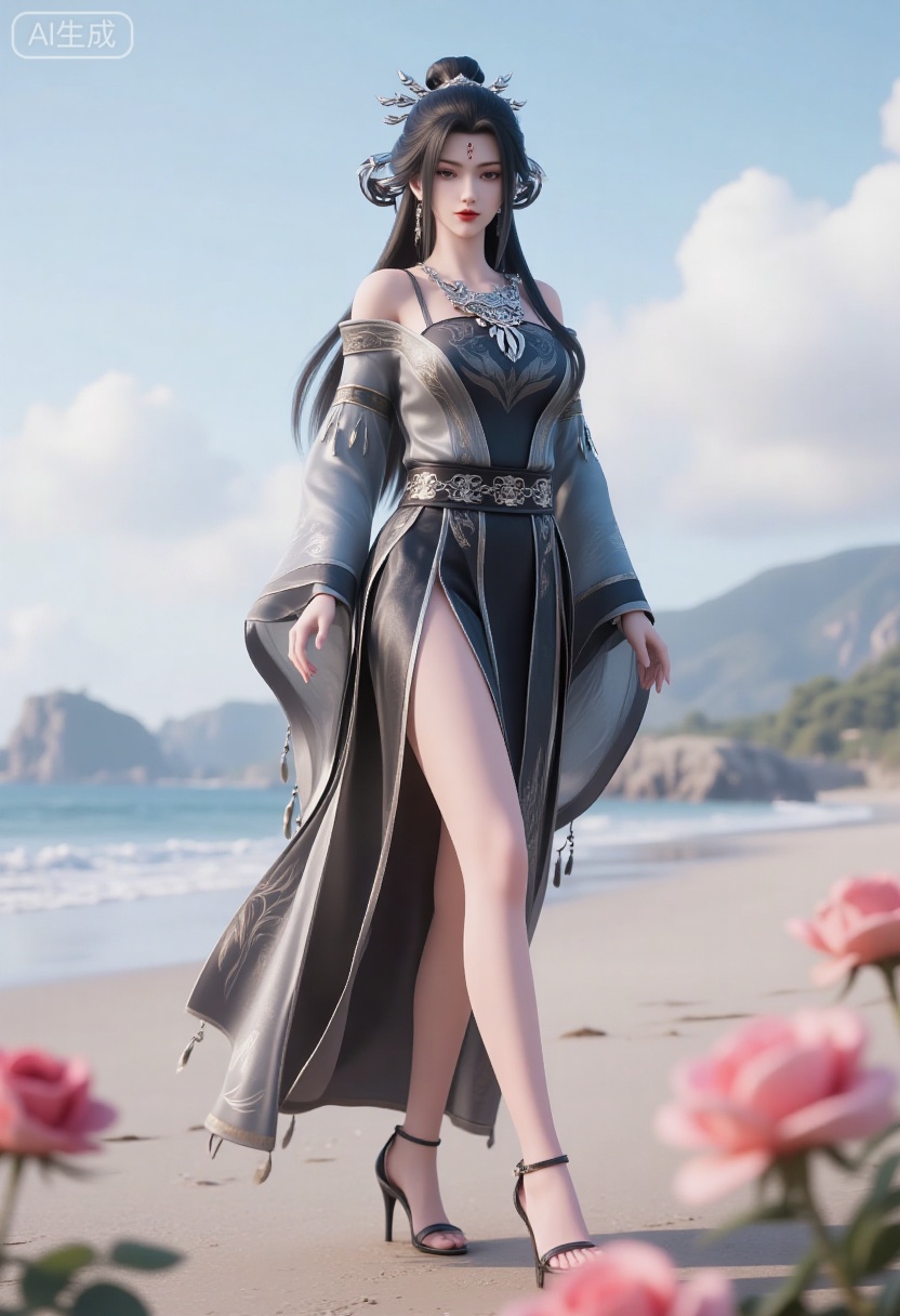 1girl,solo,standing,looking at viewer,(cowboy_shot:1.3),black hair,long hair,high heels,blurry background,depth of field,motion blur,short dress,china_dress,chinese_style,bare shouders,crystal_earrings,headpiece,hair_tie,chest_jewel,gem,necklace,jewelry,in summer,day,outdoors,nature,sea,(rose,beach:1.4),(huge breasts:2.99),(full breasts:1.99)