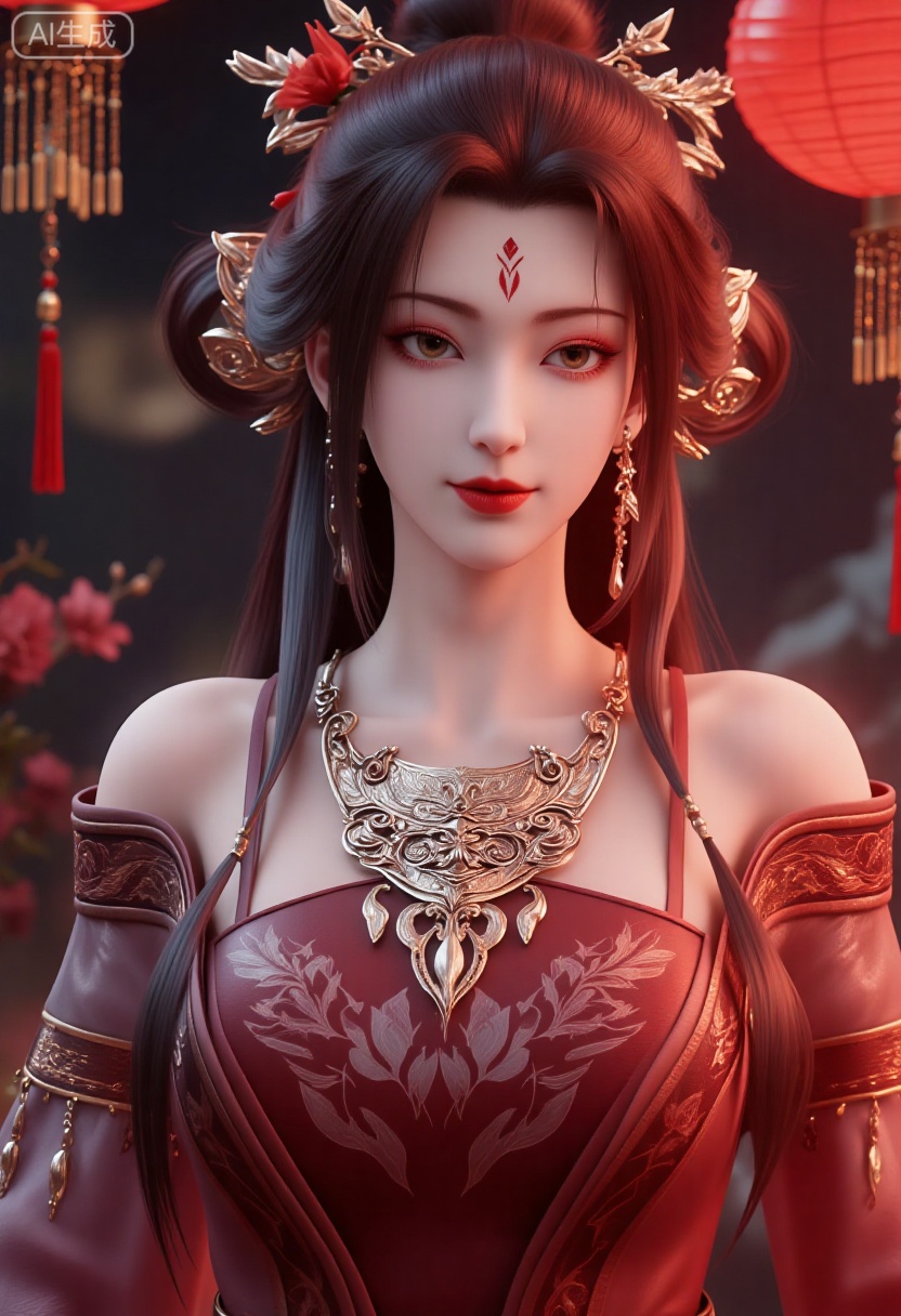A girl is wearing gorgeous traditional costumes,mainly red,dChinese traditional embroidery pattern,which looks very festive and gorgeous. Her hairstyle is a traditional bun,decorated with golden hair accessories and red ribbons,as well as some red flowers.,
The background is blurred,and red lanterns and golden ornaments are placed around,(huge breasts:2.99),(full breasts:2.99),Chinese traditional Spring Festival theme,couplets,Chinese knots,Spring Festival decorations,