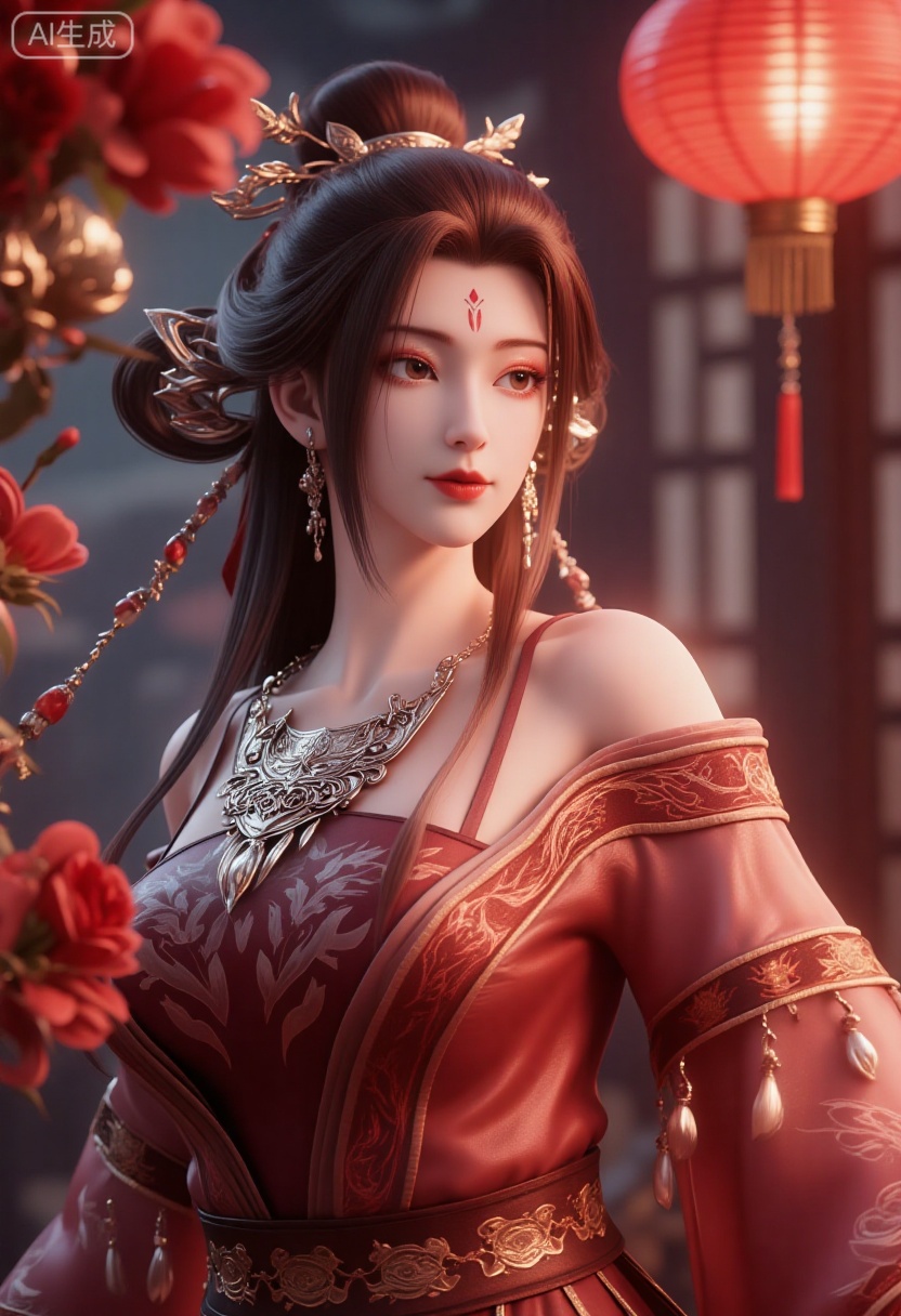 A girl is wearing gorgeous traditional costumes,mainly red,dChinese traditional embroidery pattern,which looks very festive and gorgeous. Her hairstyle is a traditional bun,decorated with golden hair accessories and red ribbons,as well as some red flowers.,
The background is blurred,and red lanterns and golden ornaments are placed around,(huge breasts:2.99),(full breasts:2.99),Chinese traditional Spring Festival theme,couplets,Chinese knots,Spring Festival decorations,