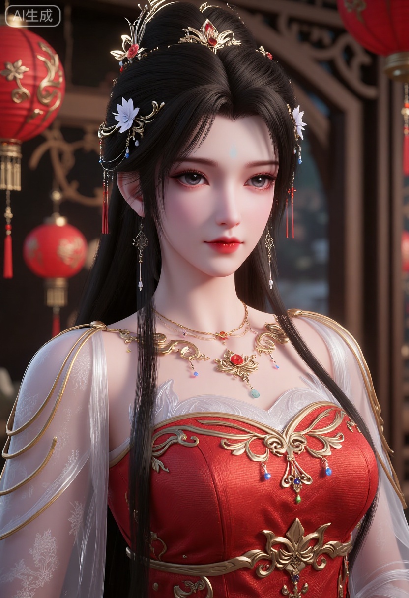 A girl is wearing gorgeous traditional costumes,mainly red,dChinese traditional embroidery pattern,which looks very festive and gorgeous. Her hairstyle is a traditional bun,decorated with golden hair accessories and red ribbons,as well as some red flowers.,
The background is blurred,and red lanterns and golden ornaments are placed around,(huge breasts:2.99),(full breasts:2.99),Chinese traditional Spring Festival theme,couplets,Chinese knots,Spring Festival decorations,