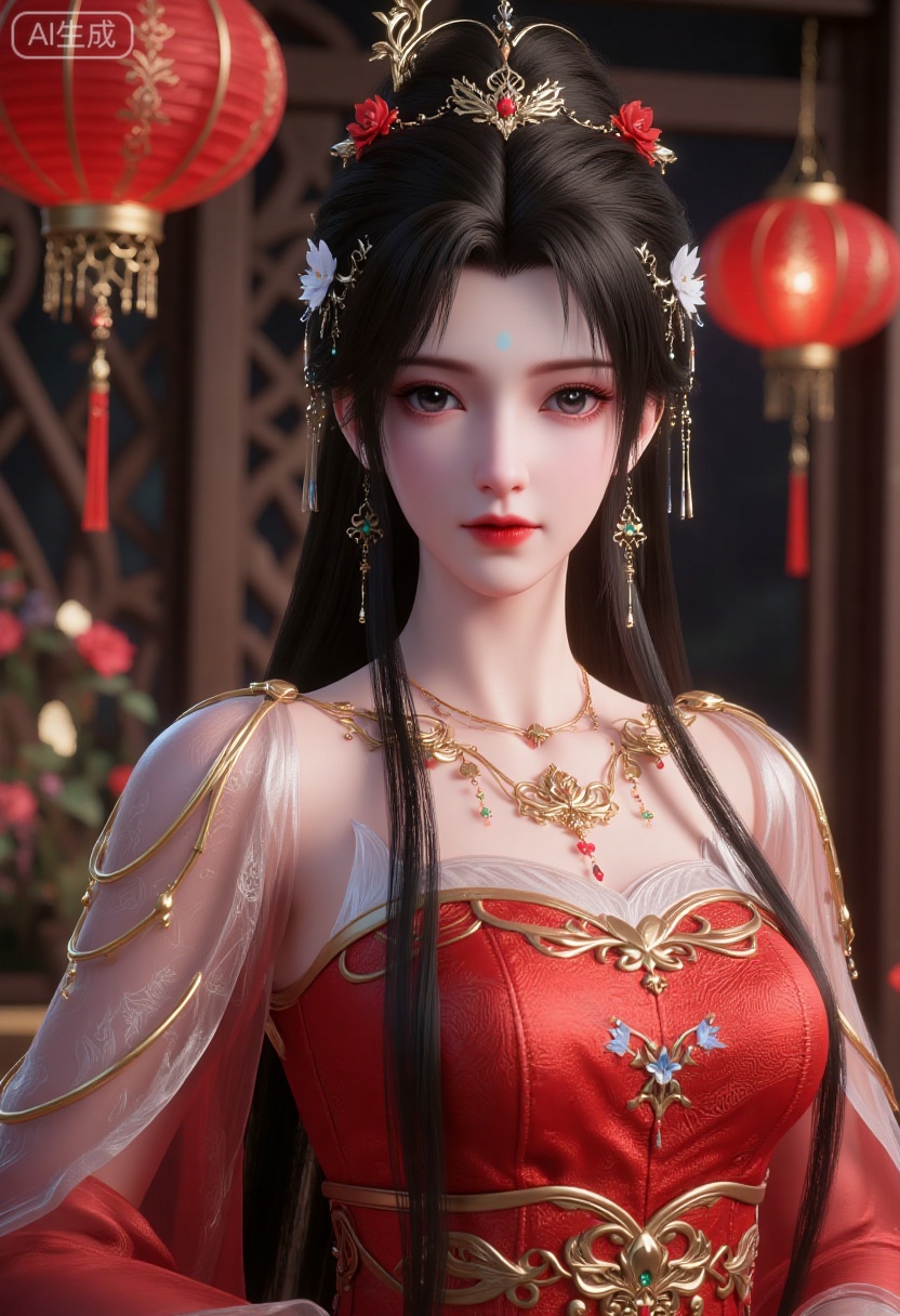 A girl is wearing gorgeous traditional costumes,mainly red,dChinese traditional embroidery pattern,which looks very festive and gorgeous. Her hairstyle is a traditional bun,decorated with golden hair accessories and red ribbons,as well as some red flowers.,
The background is blurred,and red lanterns and golden ornaments are placed around,(huge breasts:2.99),(full breasts:2.99),Chinese traditional Spring Festival theme,couplets,Chinese knots,Spring Festival decorations,