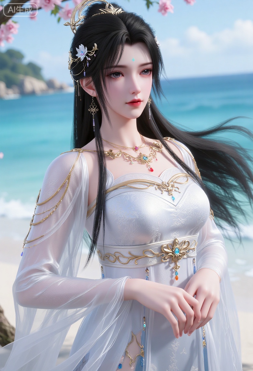 1girl,solo,standing,looking at viewer,(cowboy_shot:1.3),black hair,long hair,high heels,blurry background,depth of field,motion blur,short dress,china_dress,chinese_style,bare shouders,crystal_earrings,headpiece,hair_tie,chest_jewel,gem,necklace,jewelry,in summer,day,outdoors,nature,sea,(rose,beach:1.4),(huge breasts:2.99),(full breasts:1.99)