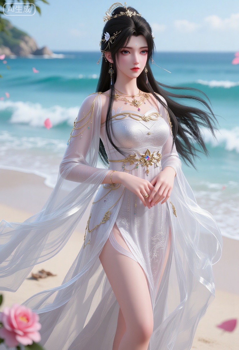 1girl,solo,standing,looking at viewer,(cowboy_shot:1.3),black hair,long hair,high heels,blurry background,depth of field,motion blur,short dress,china_dress,chinese_style,bare shouders,crystal_earrings,headpiece,hair_tie,chest_jewel,gem,necklace,jewelry,in summer,day,outdoors,nature,sea,(rose,beach:1.4),(huge breasts:2.99),(full breasts:1.99)
