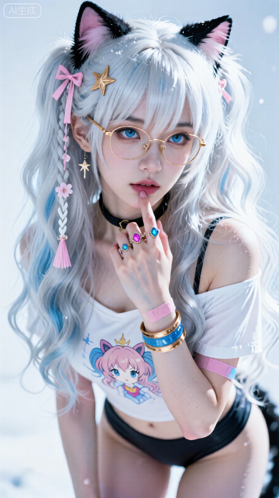 纯白天幕般的背景里,少女的银白长发如融雪漫垂,发梢晕染浅蓝,像把春日初雪与冰川融水揉进发丝。两侧束起的小卷,用粉黑猫耳发饰固定——猫耳绒面泛着哑光,粉丝带如樱花垂落；发间还缀着金质星芒夹、粉白叉形饰,更编了条细辫,辫尾系着粉蝴蝶结,每处细节都透着甜腻的精巧。 一米七大长腿女生真人写真,大师级别的摄影金框眼镜衬得蓝瞳愈发澄亮,眸光里晃着俏皮的星子；唇瓣微张,舌尖隐现,右手抬至胸前,指尖轻抵下唇——指节戴着彩宝戒指,粉钻与蓝晶交映,手背还贴着浅粉创可贴,添了几分娇憨的破碎感。颈间黑项圈利落,与手臂上粉蓝相间的创可贴、叠戴的蓝金手镯呼应,撞出甜酷张力。 白色露肩T恤轻薄如雾,下摆堪堪覆住腰际,衣面印着魔法少女图案,黑内搭的细肩带从一侧滑出,朦胧里透着随性。每缕发丝的卷曲、每道饰品的光泽、每处创可贴的晕染,都在纯白天幕下舒展,将3次元的萌趣与甜飒的细节,凝作这帧鲜活的特写。 真人写真