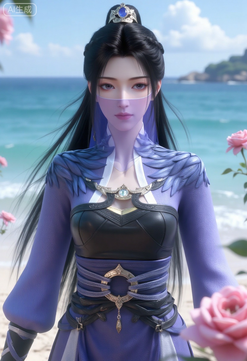 1girl,solo,standing,looking at viewer,(cowboy_shot:1.3),black hair,long hair,high heels,blurry background,depth of field,motion blur,short dress,china_dress,chinese_style,bare shouders,crystal_earrings,headpiece,hair_tie,chest_jewel,gem,necklace,jewelry,in summer,day,outdoors,nature,sea,(rose,beach:1.4),(huge breasts:2.99),(full breasts:1.99)