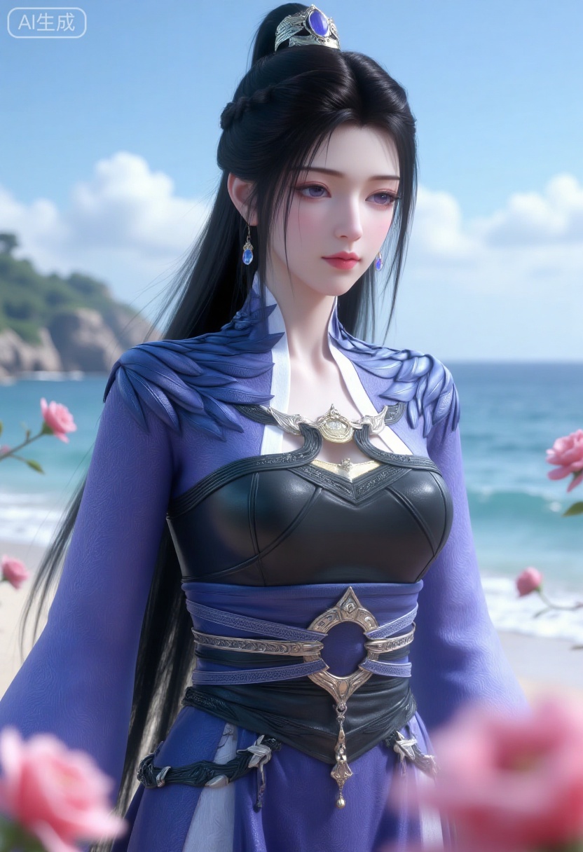 1girl,solo,standing,looking at viewer,(cowboy_shot:1.3),black hair,long hair,high heels,blurry background,depth of field,motion blur,short dress,china_dress,chinese_style,bare shouders,crystal_earrings,headpiece,hair_tie,chest_jewel,gem,necklace,jewelry,in summer,day,outdoors,nature,sea,(rose,beach:1.4),(huge breasts:2.99),(full breasts:1.99)