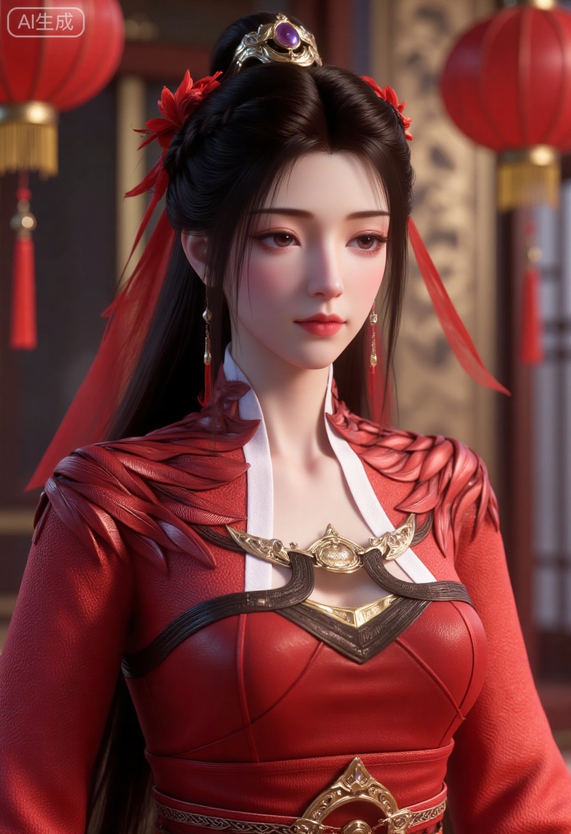 A girl is wearing gorgeous traditional costumes,mainly red,dChinese traditional embroidery pattern,which looks very festive and gorgeous. Her hairstyle is a traditional bun,decorated with golden hair accessories and red ribbons,as well as some red flowers.,
The background is blurred,and red lanterns and golden ornaments are placed around,(huge breasts:2.99),(full breasts:2.99),Chinese traditional Spring Festival theme,couplets,Chinese knots,Spring Festival decorations,