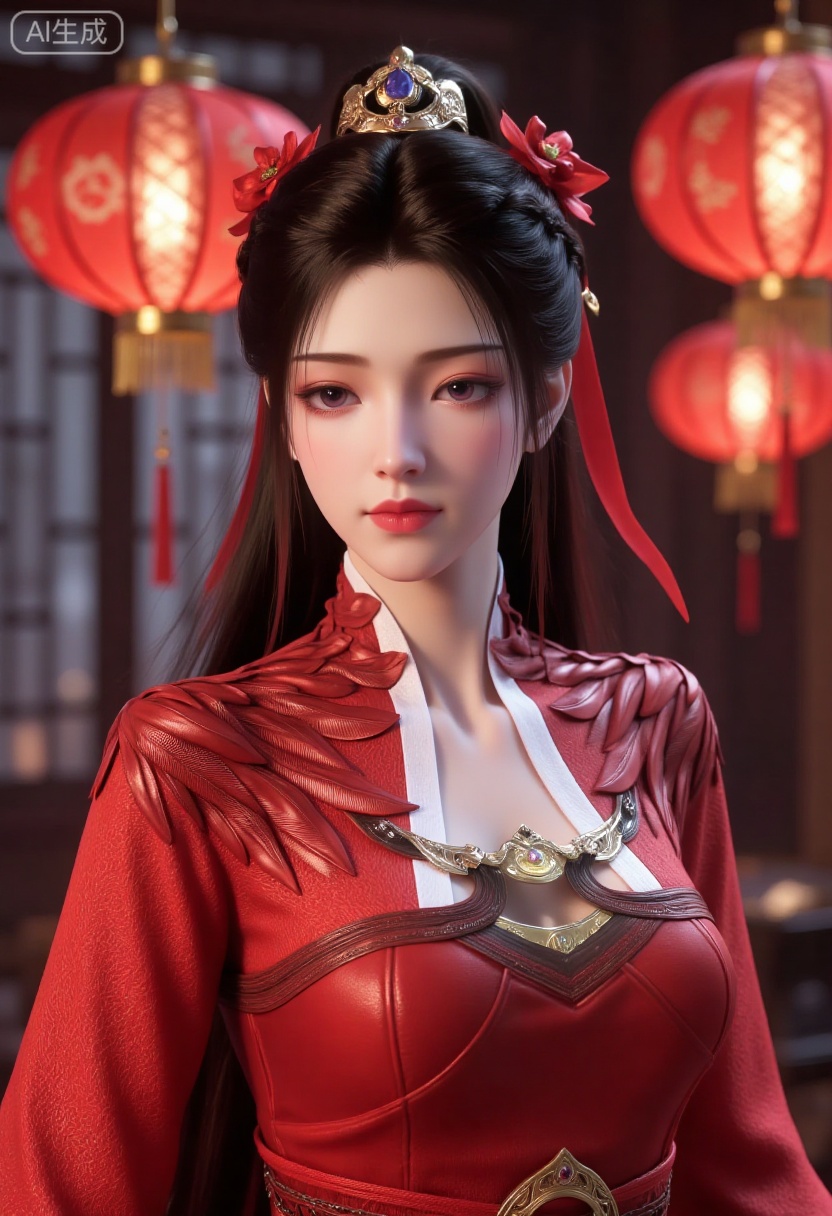 A girl is wearing gorgeous traditional costumes,mainly red,dChinese traditional embroidery pattern,which looks very festive and gorgeous. Her hairstyle is a traditional bun,decorated with golden hair accessories and red ribbons,as well as some red flowers.,
The background is blurred,and red lanterns and golden ornaments are placed around,(huge breasts:2.99),(full breasts:2.99),Chinese traditional Spring Festival theme,couplets,Chinese knots,Spring Festival decorations,