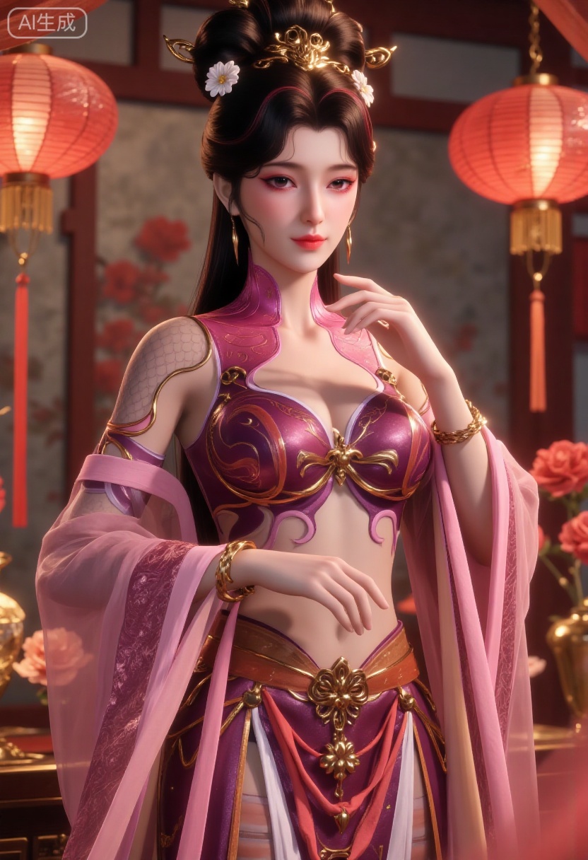 A girl is wearing gorgeous traditional costumes,mainly red,dChinese traditional embroidery pattern,which looks very festive and gorgeous. Her hairstyle is a traditional bun,decorated with golden hair accessories and red ribbons,as well as some red flowers.,
The background is blurred,and red lanterns and golden ornaments are placed around,(huge breasts:2.99),(full breasts:2.99),Chinese traditional Spring Festival theme,couplets,Chinese knots,Spring Festival decorations,