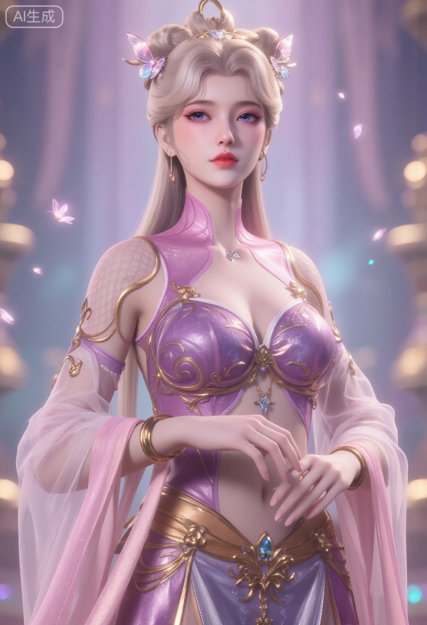 A mesmerizing fantasy princess with ethereal beauty stands elegantly, her long, platinum blonde hair styled into delicate twin tails adorned with translucent butterfly-like ornaments and shimmering golden accessories. Her large, enchanting blue eyes and porcelain skin radiate an otherworldly charm, enhanced by soft pink lips and a subtle flush on her cheeks. She wears an opulent gown in pastel pink, intricately decorated with golden embroidery, sparkling gemstones, and flowing sheer fabric that cascades gracefully over her shoulders. A delicate silver necklace with a star-shaped pendant rests against her collarbone, adding to her celestial allure.The backdrop features a dreamy, gradient-lit studio with hues of soft lavender, pastel pink, and icy blue blending seamlessly, creating an enchanting atmosphere. The diffused lighting casts a gentle glow, illuminating the shimmering details of her gown while producing a soft bokeh effect in the background. Floating iridescent particles add a touch of magic, making the scene feel surreal and fairy-tale-like.Camera: Canon EOS R5 + RF 85mm f/1.2L | Soft, diffused studio lighting with pastel hues, creating a luminous, dreamlike effect. The composition is balanced, focusing on the intricate details of the gown and accessories, while maintaining an ethereal and regal atmosphere. The overall mood is magical, elegant, and enchanting.,Rebecca Chambers from Resident Evil , Resident Evil setting, Flat breasts, very small ass, orange-brown hair,,
supermodel,Alternate Reality, Stylish Fashion, Creative Art, Unique Aesthetic, Alternative Style,reflective light,reflection,sad,blush,glowing,energy,wearing see-through china_dress,
Excalibur,mythological creatures, otherworldly, transcendent realms, inner peace, nature's embrace, magnetic allure, dark and mysterious, a cubist perspective, rich textures, art nouveau, by alphonse mucha, jenny saville, hikari shimoda, ai weiwei, banksy, gustav klimt, egon schiele, yayoi kusama, roy lichtenstein, julie mehretu, immersive, play of light and darkness,reflection,ray tracing,nebula, cyber effect,epic realistic,