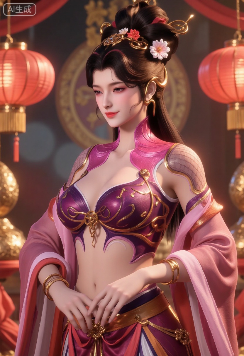 A girl is wearing gorgeous traditional costumes,mainly red,dChinese traditional embroidery pattern,which looks very festive and gorgeous. Her hairstyle is a traditional bun,decorated with golden hair accessories and red ribbons,as well as some red flowers.,
The background is blurred,and red lanterns and golden ornaments are placed around,(huge breasts:2.99),(full breasts:2.99),Chinese traditional Spring Festival theme,couplets,Chinese knots,Spring Festival decorations,