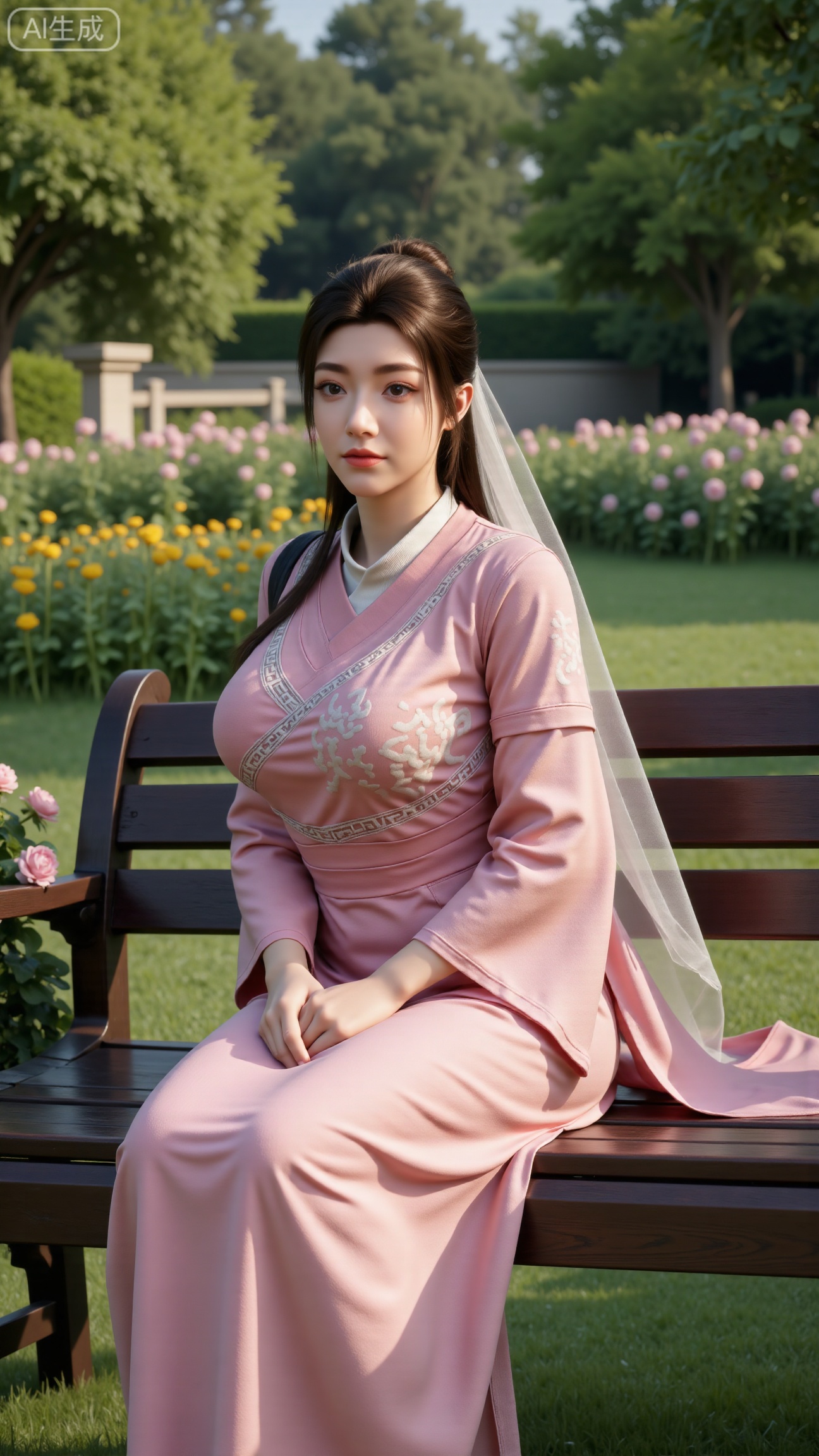 A beauty ,  (dress). Leaning on a garden bench filled with flowers,  .Sunlight filters through the leaves onto her face on...