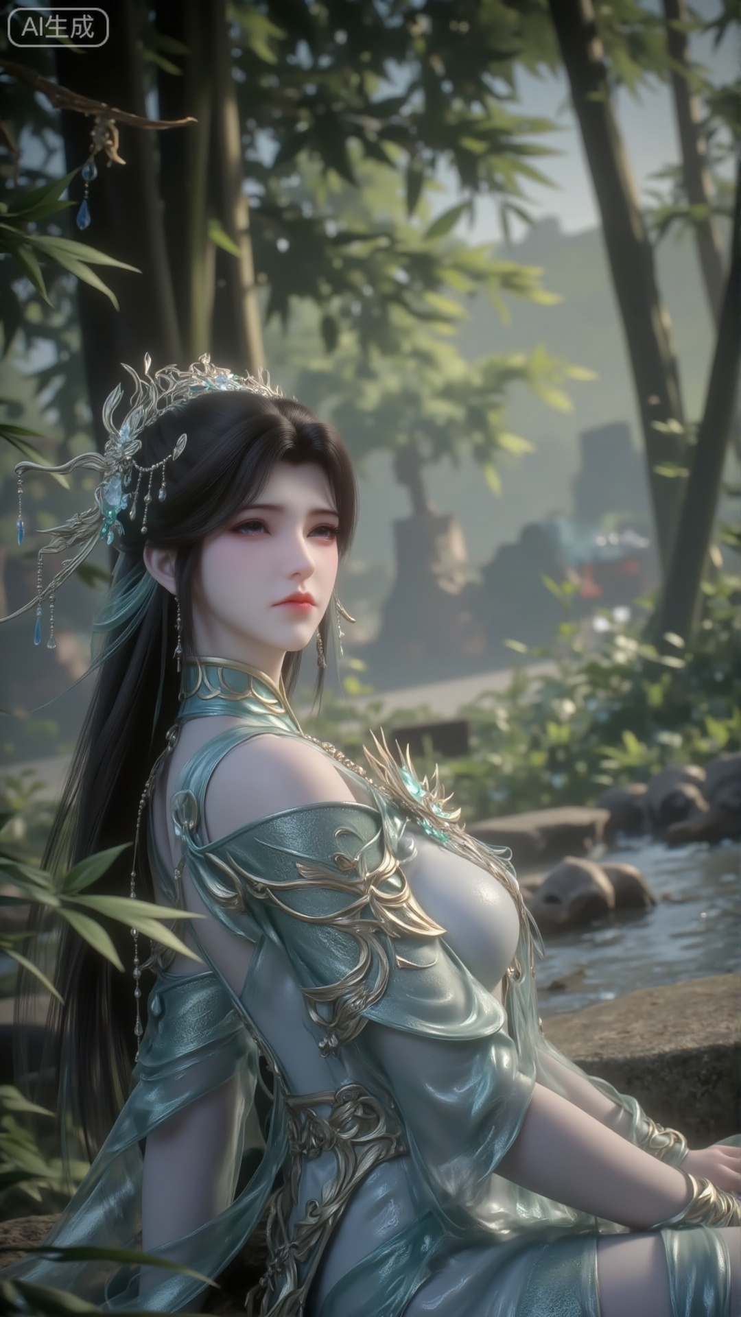 This painting depicts a quiet scene with a lush green bamboo forest in the background. A woman sat on a stone, wearing elaborate traditional costumes, including a blue robe with complicated gold details. This person wears a headdress, implying a connection with nature or an important role. The statue is surrounded by tall bamboo poles, and their leaves float gently in the air, creating a sense of tranquility and harmony. Soft diffuse light permeates the leaves, adding a quiet atmosphere. Sit on your side and look back.Upper body effect, upper body close-up,look up into the distance,(Top view: 0.7) Clearly shows the girl's posture and upper body, (Looking up at the audience: 0.4) Eyes are gently locked.