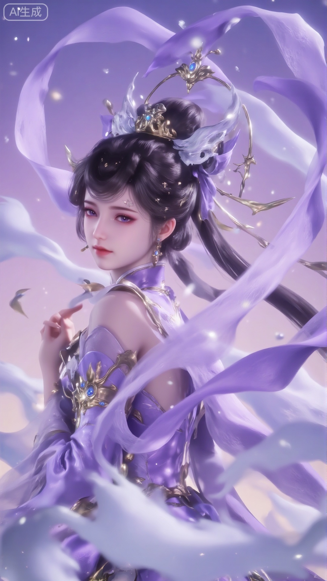 The image depicts a digitally rendered character with black hair and a headdress with a small but complicated design. This character is dressed in gorgeous purple clothes, and the purple ribbon attached to the clothes flutters with the wind. Like a goddess, it highlights her upper body with a dreamy light purple background, creating a quiet and ethereal atmosphere. White smoke almost like fog can be seen in the foreground, which increases the dynamics and depth of the scene. The overall aesthetics is highly meticulous and energetic, with emphasis on the striking appearance of the characters and the surrounding natural beauty.Stand sideways and look back.