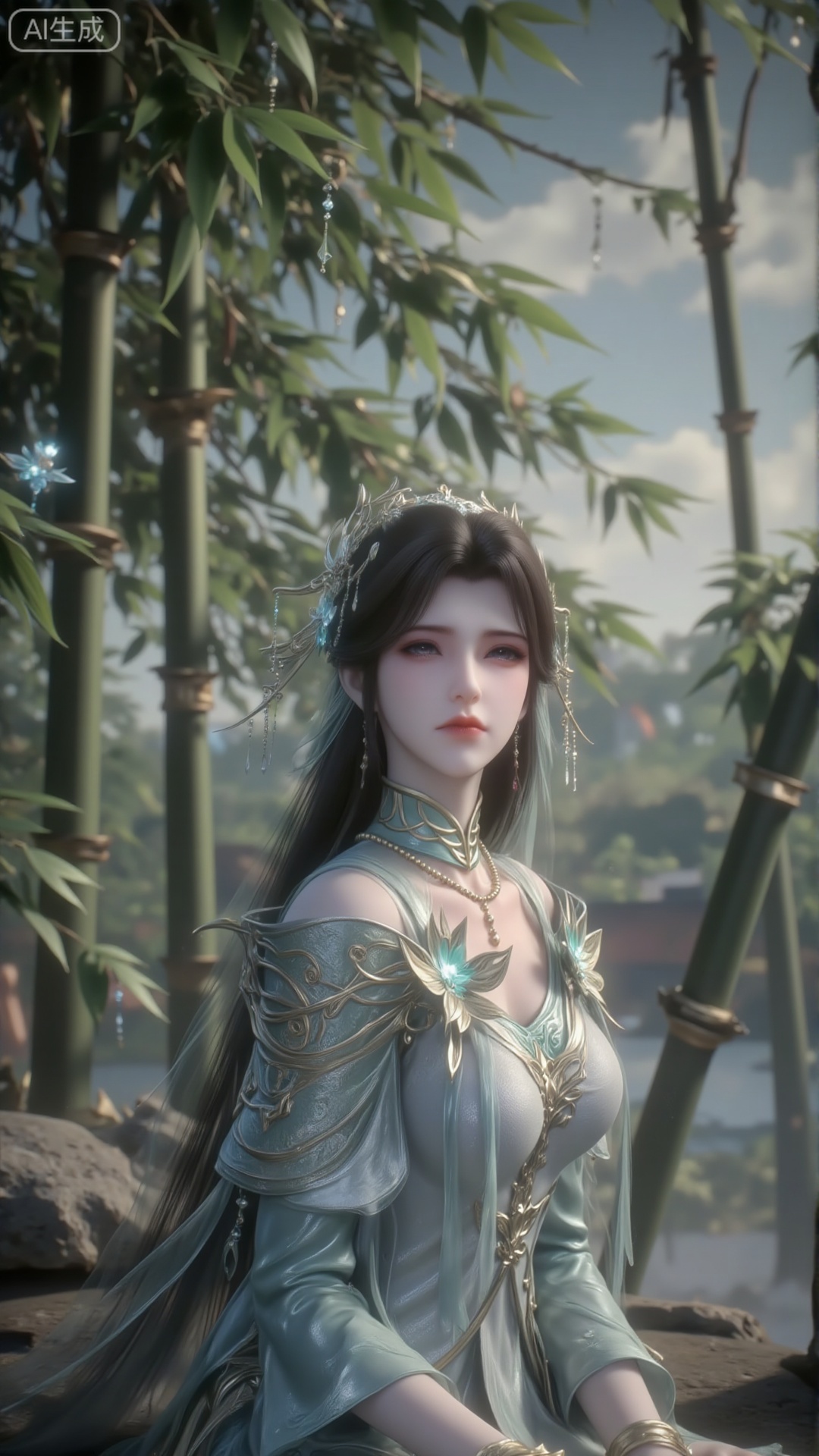 This painting depicts a quiet scene with a lush green bamboo forest in the background. A woman sat on a stone, wearing elaborate traditional costumes, including a blue robe with complicated gold details. This person wears a headdress, implying a connection with nature or an important role. The statue is surrounded by tall bamboo poles, and their leaves float gently in the air, creating a sense of tranquility and harmony. Soft diffuse light permeates the leaves, adding a quiet atmosphere. Sit on your side and look back.Upper body effect, upper body close-up,look up into the distance,(Top view: 0.7) Clearly shows the girl's posture and upper body, (Looking up at the audience: 0.4) Eyes are gently locked.