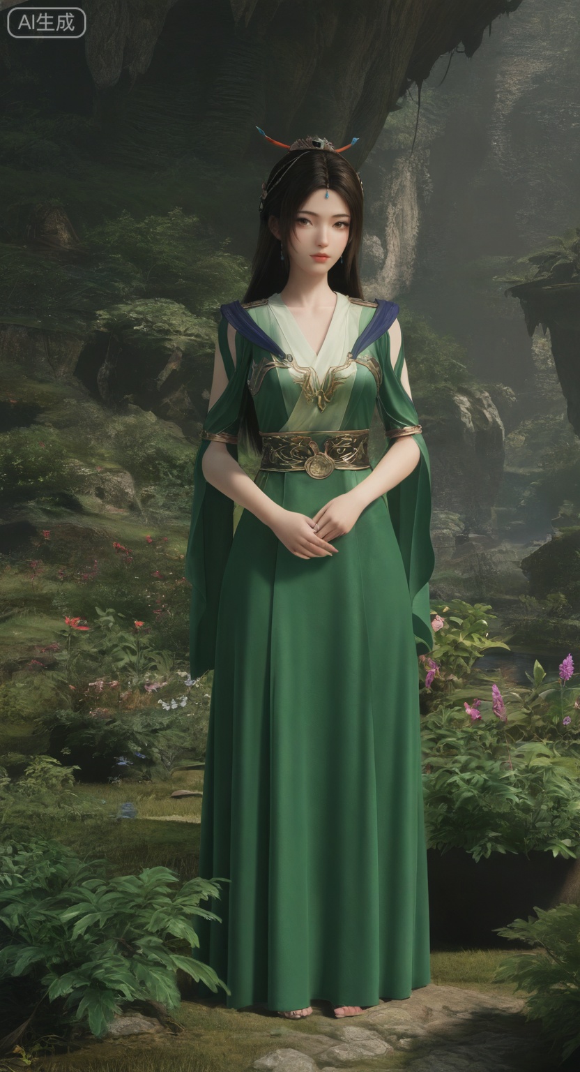 1girl,liuyu, solo, long hair, looking at viewer, brown hair, black hair, hair ornament, dress, brown eyes, upper body, plant, green dresss,tanding, full body, flower,

3d \(artwork\),Masterpiece, best quality, amazing quality, newest, very aesthetic, absurdres, (scenery:1.4), 8k, good anatomy, good shading, ultra detailed, refined details, high resolution, HD, masterwork,high detail ,Exquisite beauty, charming, 3D rendering,illustration,CG,long hair,Round face:1.4,realistic,liuyu