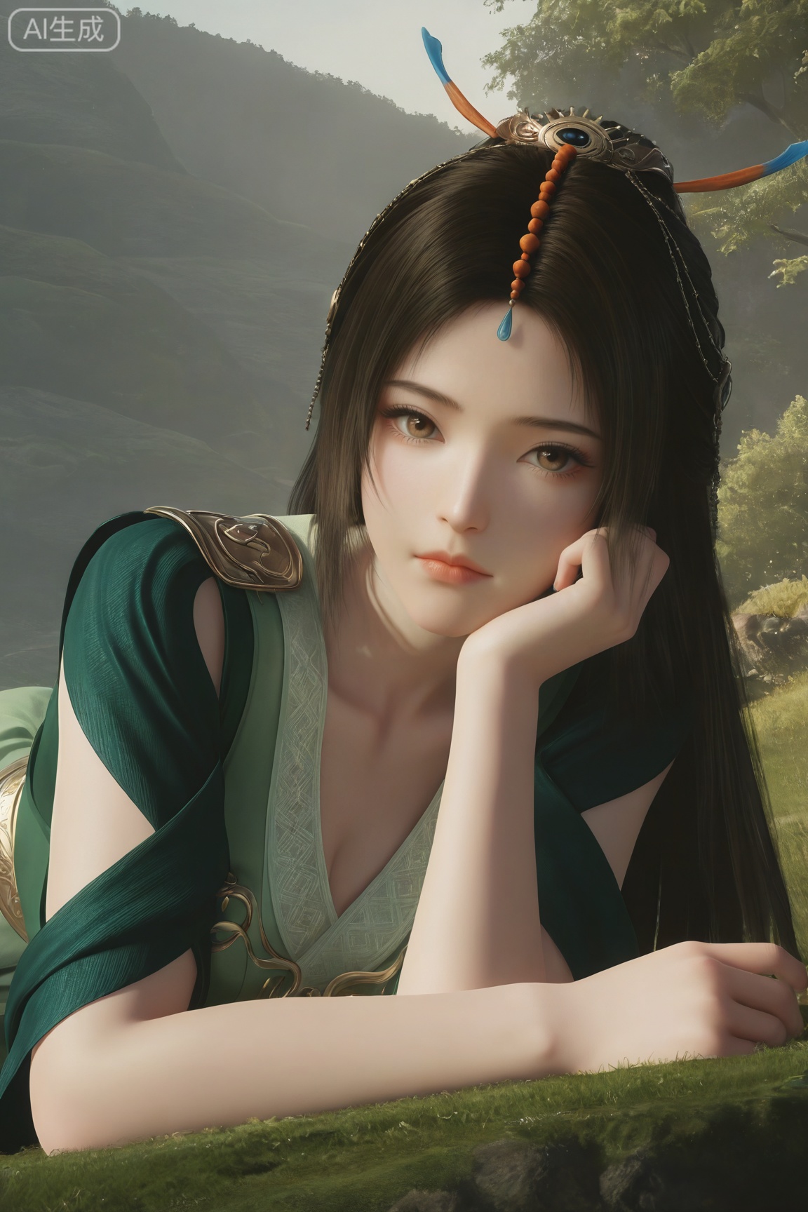 1girl,liuyu, solo, long hair, looking at viewer, brown hair, black hair, hair ornament, dress, brown eyes, closed mouth,  green dress,lying on her stomach, chin resting on her arms, subtle backlit by diffused soft morning light, soft rural diffused light around her, skin details, 

3d \(artwork\),Masterpiece, best quality, amazing quality, newest, very aesthetic, absurdres, (scenery:1.4), 8k, good anatomy, good shading, ultra detailed, refined details, high resolution, HD, masterwork,high detail ,Exquisite beauty, charming, 3D rendering,illustration,CG,long hair,Round face:1.4,realistic,liuyu