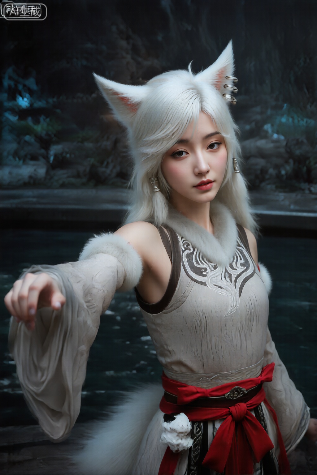 该图像具有长长的白发和尖锐的狐狸般的耳朵,暗示着狐狸精神或Kitsune主题。该人穿着带有复杂图案的传统,优雅的服装。服装包括浅米色上衣,袖子上有皮毛领和皮毛饰边,袖子漫长,旋转的设计流动。该人的右臂向外伸出,手略微张开,好像手势或伸出手。背景似乎是一个昏暗的,神秘的环境,带有水,岩石和一些发光的灯光,营造出空灵的氛围。