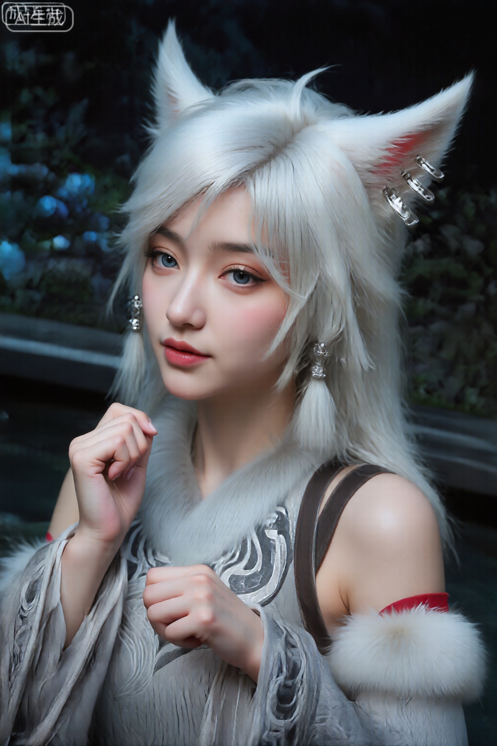 该图像的特点是一个长长,直,白发的人,落在肩膀上。他们的耳朵大,带有粉红色的内线,类似于动物耳朵,并将三个银色发夹放在头部的右侧。该人戴着精美的耳环,这些耳环是银色的。他们的眼睛是浅蓝色,嘴唇是柔软的粉红色阴影。该人穿着无袖的衣服,带有复杂的漩涡状图案,灰色和白色的阴影。肩膀和袖子的末端用白色的皮毛修剪。背景包括模糊的绿色植物和一些蓝色和白色的灯光,暗示了户外夜间环境。总体印象是动漫或幻想环境中的角色。