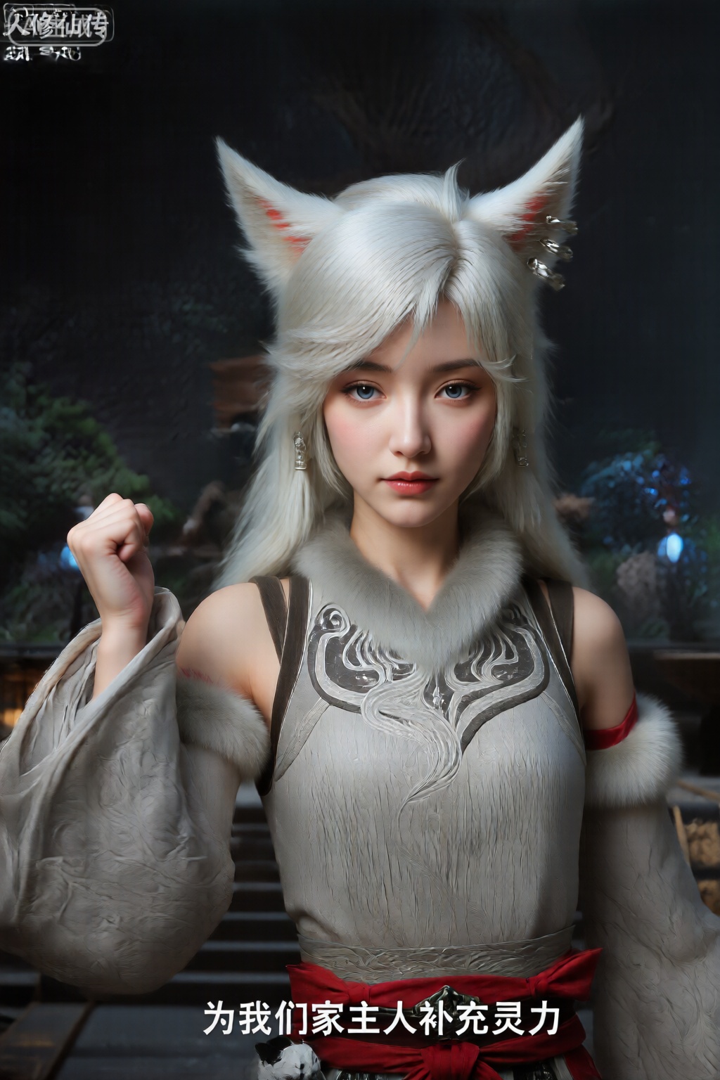 该图像具有具有幻想灵感设计的数字渲染字符。该角色的头发长长,白色的头发,流过肩膀,尖头的狐狸般的耳朵在内部有白色和浅橙色的梯度。他们的眼睛是一个惊人的蓝色,他们的表情平静而坚定。 他们穿着详细的服装,将中国服装的元素与幻想装甲相结合。顶部是浅灰色的无袖,合身的衣服,在胸部区域具有复杂的旋转图案,类似于风格化的龙或凤凰。肩膀和上臂上装饰有蓬松的白色皮毛饰边,袖子巨大且质地呈质地,具有与胸部相似的旋转图案。 角色的右臂抬起,拳头握紧,暗示了一系列准备就绪或力量。背景是一个昏暗的神秘环境,带有模糊的元素,例如树木,灯笼和浮动的光球,有助于空灵的气氛。 左上角可见中文文字,这表明这是电视版本的宣传图像,名为“人修仙传”（人类不朽的传播）。底部的其他文本为“为我们家主人补充灵力”（以补充我们的主人的精神力量）,可能是从角色或角色描述中引用的。整体美学是幻想,传统中国