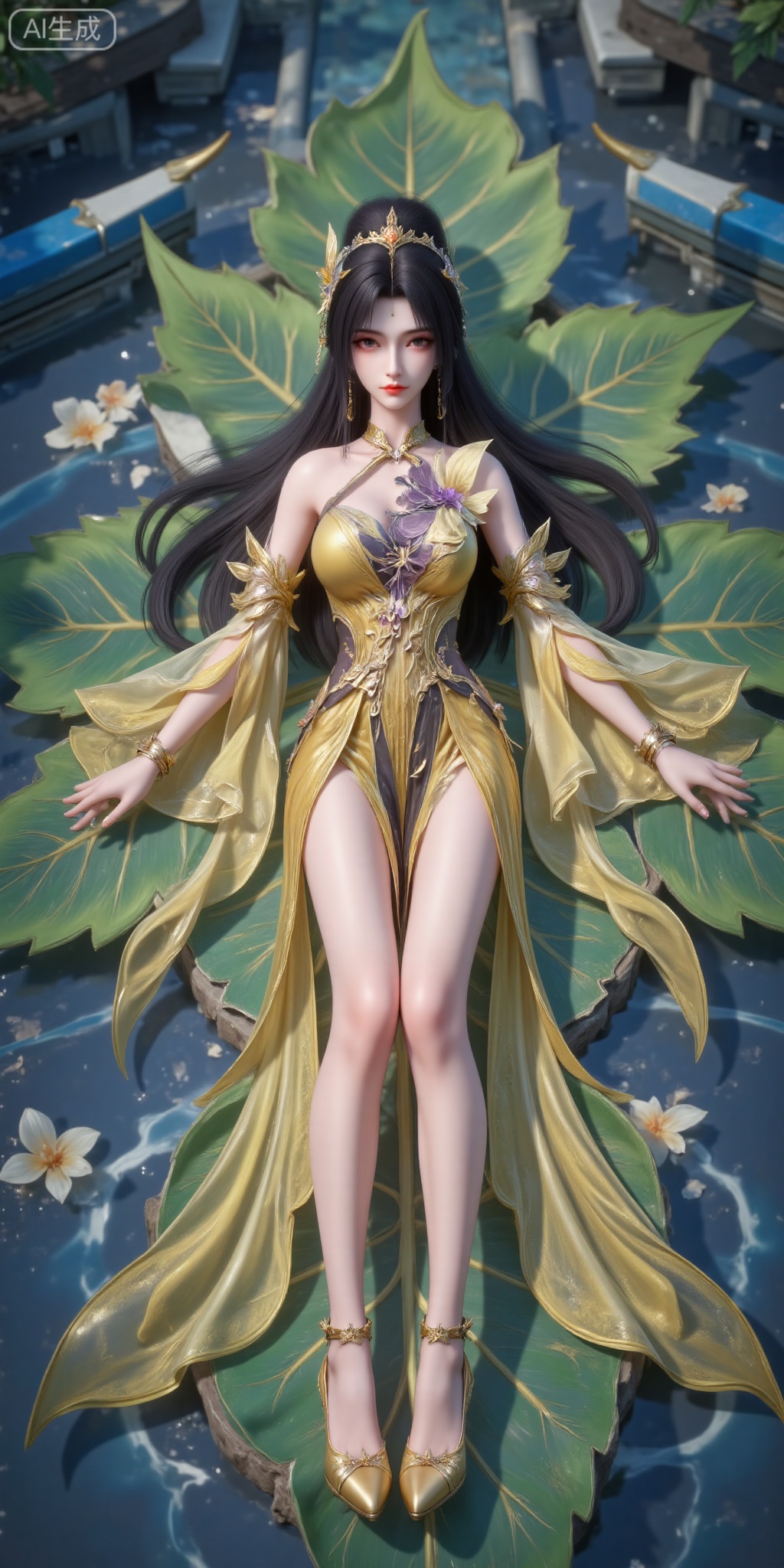 wangxi, 1girl, solo, upper body, dress, hair ornament, facial mark, long hair, forehead mark, black hair, jewelry, earrings, bare shoulders, flower, yellow dress, ponytail, detached sleeves, closed mouth,legs,long legs,high_heels,,lying,floor,leaf,water,(from_above:1.2),(dutch angle:1.2),
lvjing,pifu,guanghuapifu,
blurry_background,tree,flowes,lujiajia,fushi